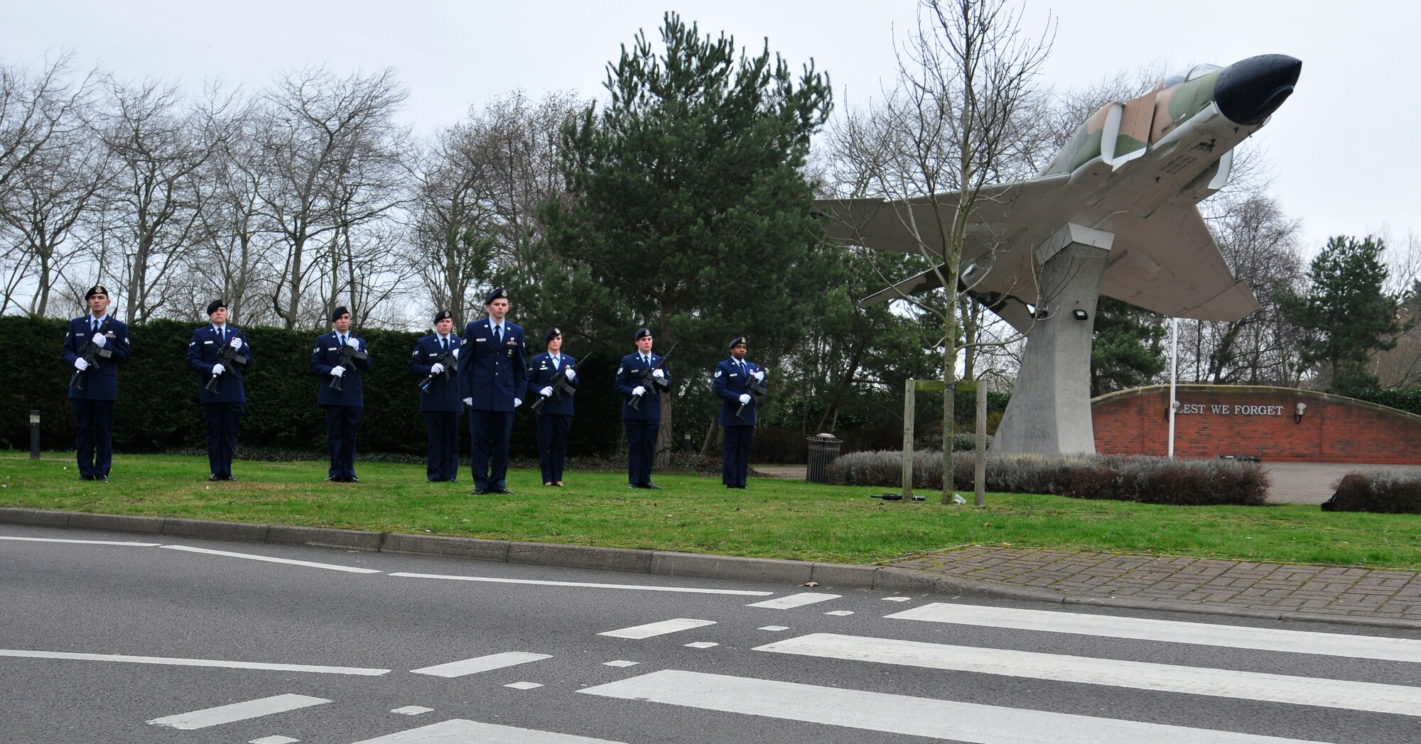 ROYAL AIR FORCE LAKENHEATH, England – Airmen of the 48th Security Forces Squadron perform a 21-gun salute for fallen defenders during the dedication of the Liberty’s Fallen Defenders Memorial March 2, 2012. The ceremony was held on the one year anniversary of the shooting at Frankfurt International Airport, Germany. A stone monument honoring the memory of 48th Security Forces Squadron Senior Airmen Jason D. Nathan and Nicholas J. Alden was unveiled before more than 250 Airmen and civilians. Nathan was killed in action while deployed to Afghanistan in June 2007. Alden was killed during the Frankfurt shooting while preparing to deploy to Afghanistan in March 2011. The monument will also serve as a reminder of all Liberty Defenders who have fallen since 2001. (U.S. Air Force photo by Senior Airman Tiffany M. Deuel)