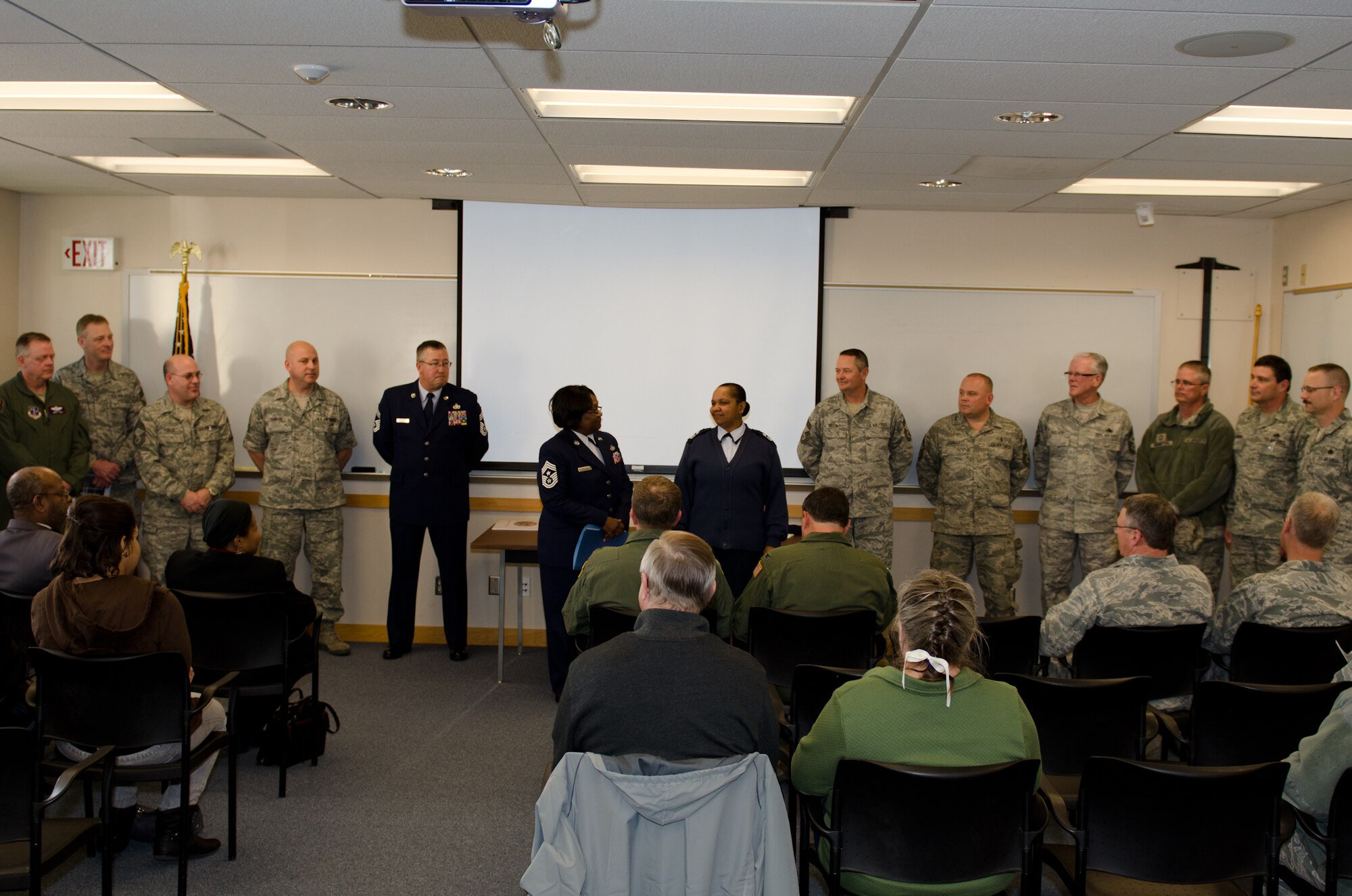 Senior Master Sgt. Morcie Whitley, 139th Human Resources Officer, was promoted to the rank of chief master sergeant at Rosecrans Air National Guard Base, St. Joseph, Mo., March 4, 2012. (Missouri Air National Guard photo by Staff Sgt. Michael Crane)