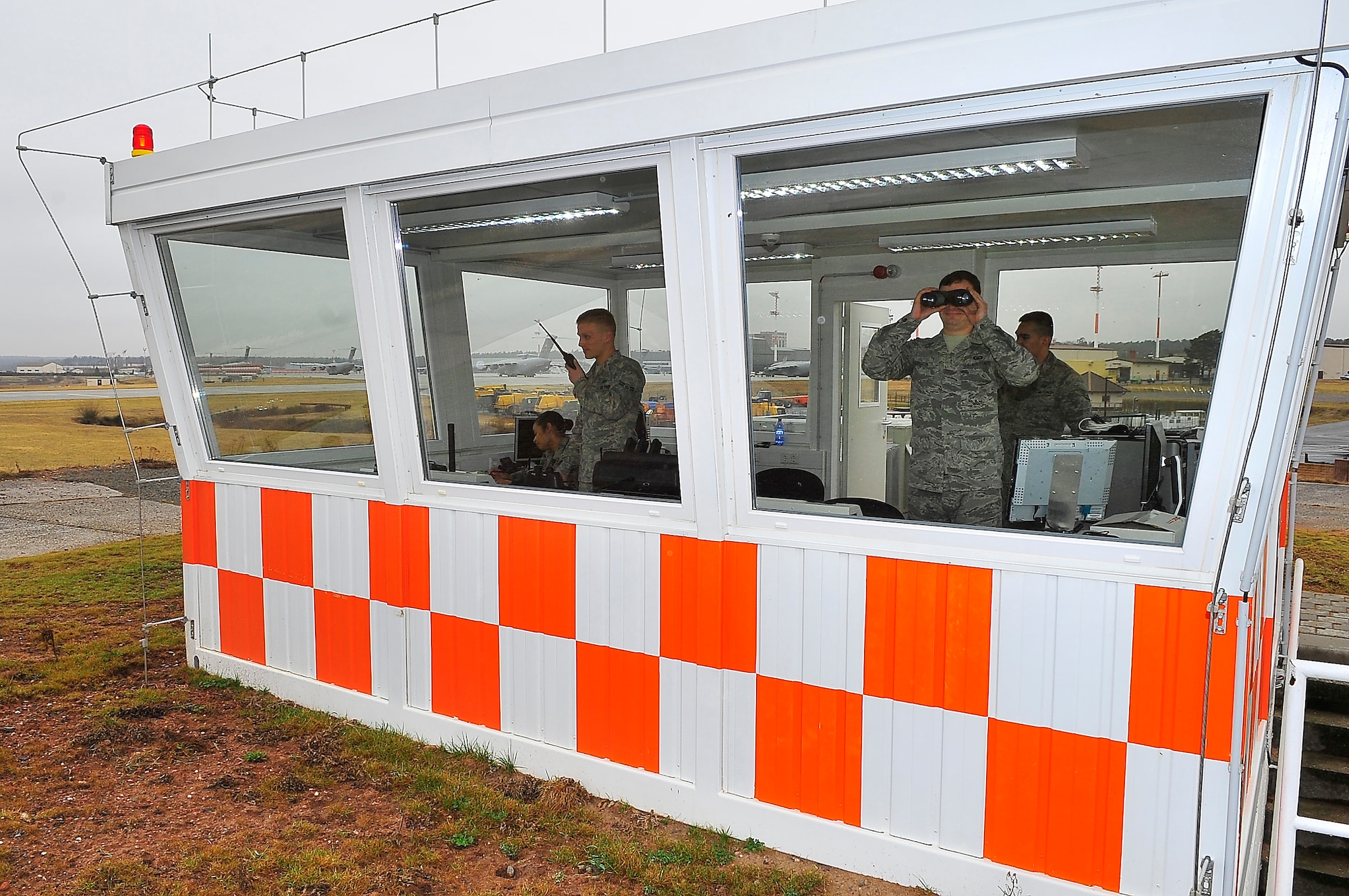 86th Operations Support Squadron Air Traffic Controllers test the ability to operate in an alternate tower near the flight-line, Ramstein Air Base, Germany, March 2, 2012.  (U.S. Air Force photo/Staff Sgt. Daylena Gonzalez)