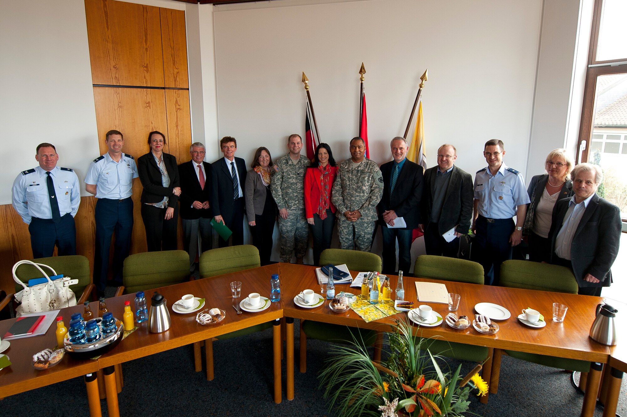 U.S. Air Force and Army officials along with a group of local German mayors, assembled for the Mayors' Forum at the Bruchmuehlbach-Miesau Rathaus, Feb. 29, 2012. The Mayors’ Forum is held twice a year in different towns of the region and it provides U.S. military and host nation officials the opportunity to exchange information, and especially for local mayors to raise issues directly with top KMC military leadership in an informal setting. (U.S. Air Force photo by Senior Airman Stephen J. Otero)
