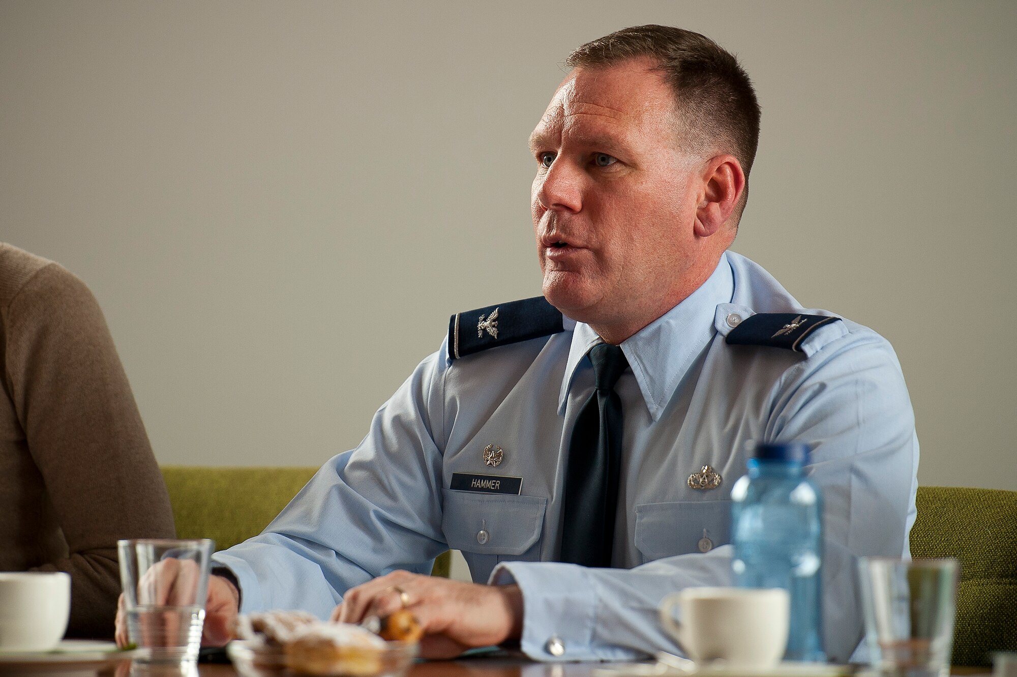 U.S. Air Force Col. Douglas Hammer, 86th Civil Engineer Group commander, gives an overview of the housing availability in the Kaiserslautern Military Community to a group of local mayors, assembled at the Bruchmuehlbach-Miesau Rathaus, Feb. 29, 2012. The Mayors’ Forum is held twice a year in different towns of the region providing U.S. military and host nation officials the opportunity to exchange information, and an opportunity for local mayors to raise issues directly with top KMC military leadership in an informal setting. (U.S. Air Force photo by Senior Airman Stephen J. Otero)