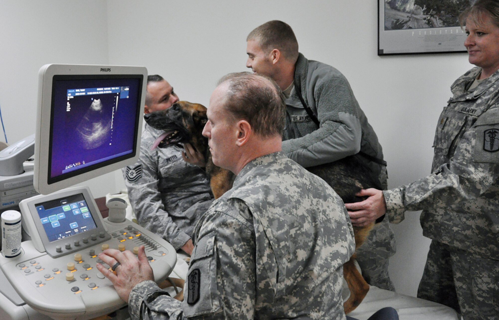 A U.S. Army veterinarian performs an echocardiogram on Tonny, a military working dog, here, Mar. 2, 2012. The 51st Medical Operations Squadron radiology department treats human and animal patients through diagnostic imaging ranging from 200 to 300 scans a week. (U.S. Air Force photo/Staff Sgt. Stefanie Torres)
