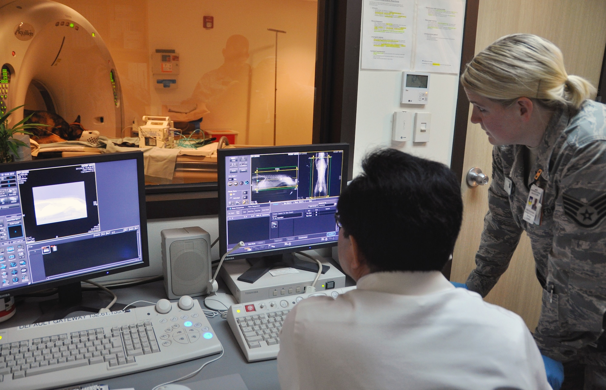 Mr. Hwan Hyung and Staff Sgt. Casey Grizzard look over back scans of Woby, a military working dog, Mar. 2, 2012, while he lays in a 64-slice computed tomography scanner. The 51st Medical Operations Squadron radiologists provide doctors more than 200 to 300 human and animal diagnostic scans a week. Hyung is an X-ray and computed tomography technician, and Grizzard is a diagnostic imaging technologist with the 51st MDOS. (U.S. Air Force photo/Staff Sgt. Stefanie Torres)