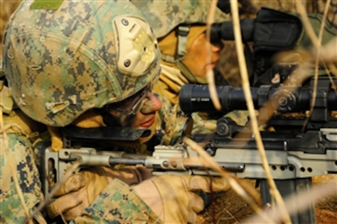 U.S. Marine Corps Lance Cpl. Matthew Guerrero (right), assigned to Fleet Antiterrorism Security Team Pacific, uses a spotting scope to help Lance Cpl. Timothy Gainey (left) identify a target while participating in a live-fire exercise at Camp Rodriguez in South Korea on March 4, 2012.  Marines assigned to the antiterrorism security team trained at the Camp Rodriguez Live Fire Complex during Fleet Antiterrorism Security Team Exercise 2012.  