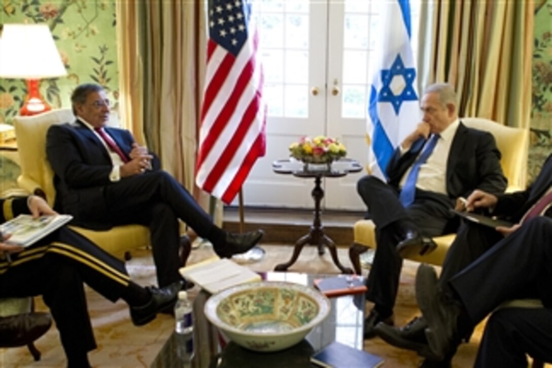 Secretary of Defense Leon E. Panetta meets with Israeli Prime Minister Benjamin Netanyahu at Blair House, Washington, D.C., on March 5, 2012.  