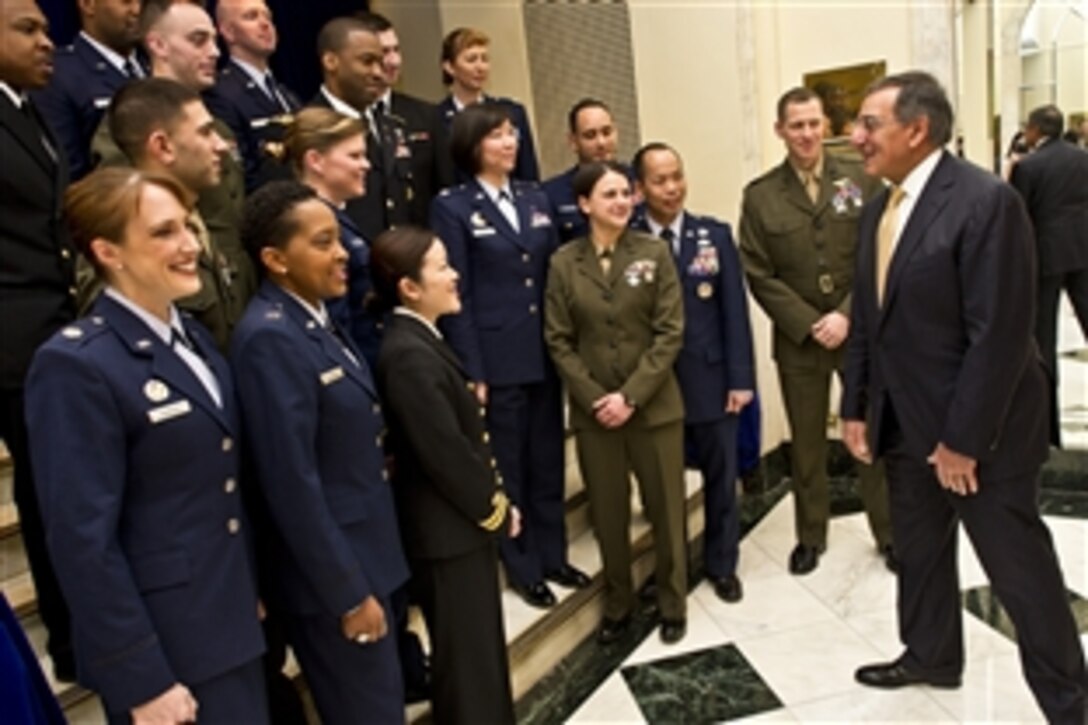 Defense Secretary Leon E. Panetta speaks with the military mentors at the U.S. Senate Youth Program in Washington, D.C., March 5, 2012. The program, celebrating its 50th anniversary, is a unique educational experience for outstanding high school students interested in pursuing careers in public service.