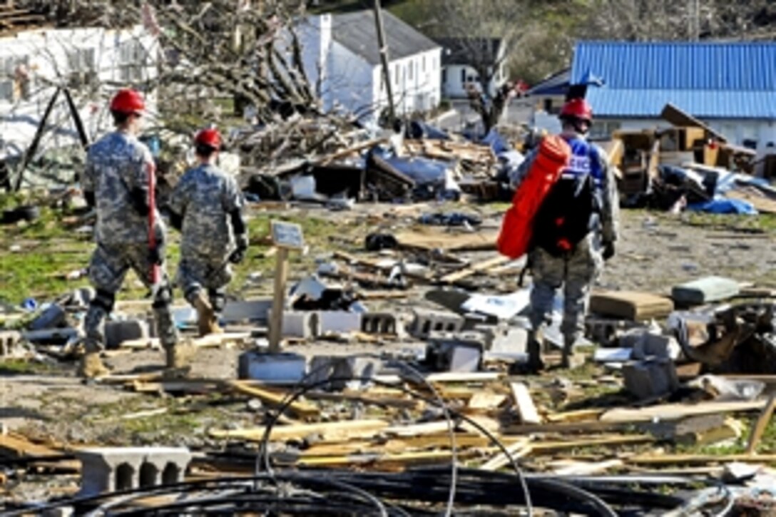 Kentucky National Guardsmen conduct a search and rescue mission in West Liberty, Ky., March 3, 2012.