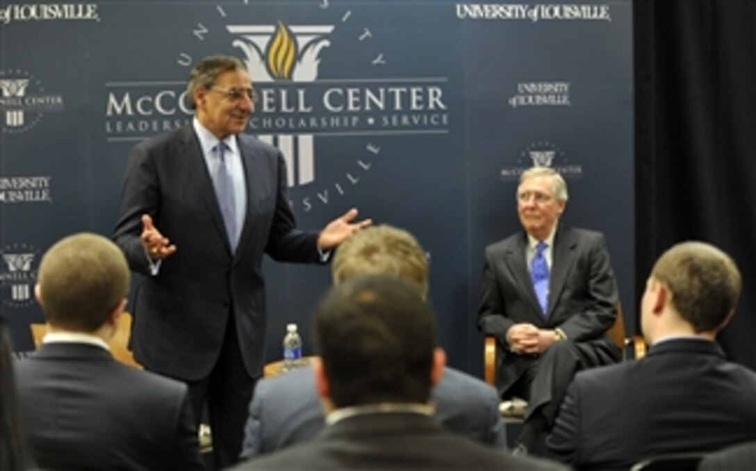 Secretary of Defense Leon E. Panetta speaks with the McConnell Scholars at the University of Louisville in Louisville, Ky., on March 1, 2012.  Seated at right is Senator Mitch McConnell.  