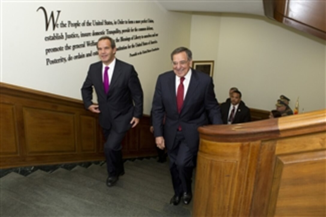 Secretary of Defense Leon E. Panetta hosts an honor cordon for Chilean Minister of Defense Andres Allamand Zavala at the Pentagon on March 5, 2012.  