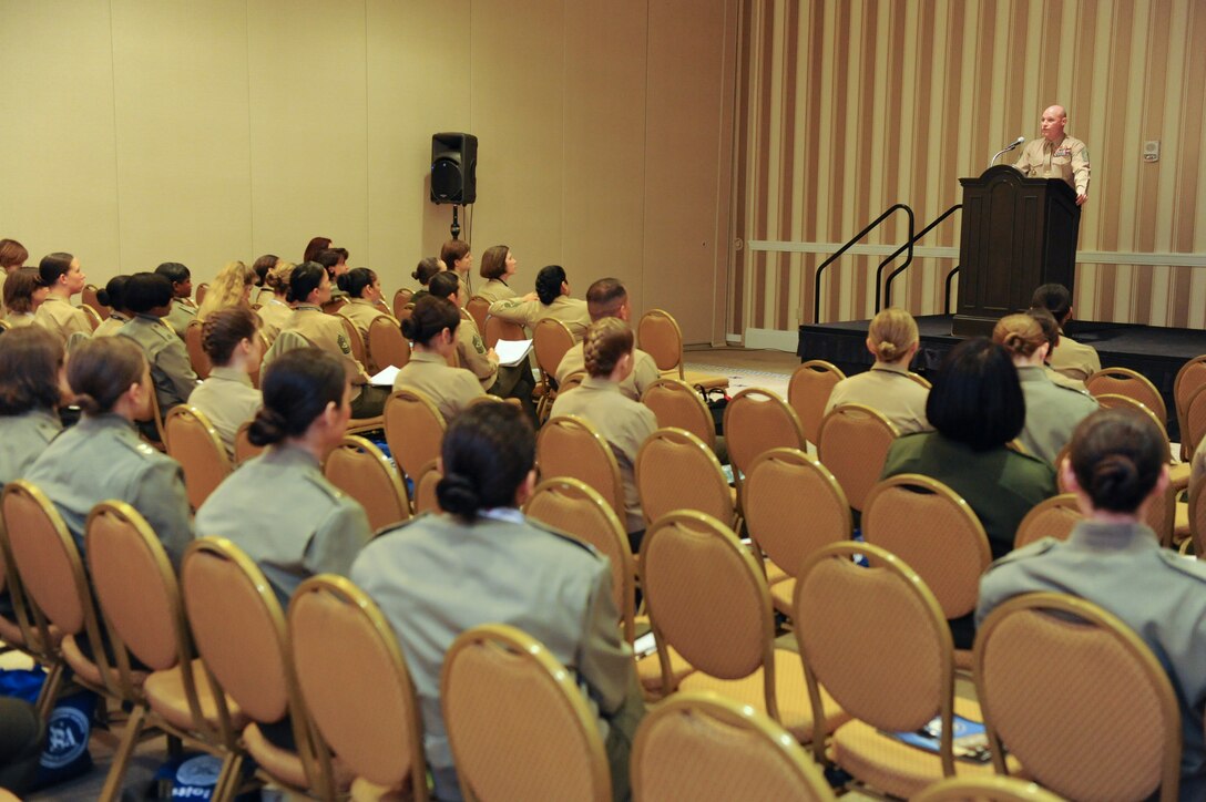Sgt. Maj. Micheal P. Barrett, the 17th Sergeant Major of the Marine Corps, speaks at the Sea Service Leadership Association's 2012 Joint Women's Leadership Symposium in National Harbor, Md., March 6, 2012.