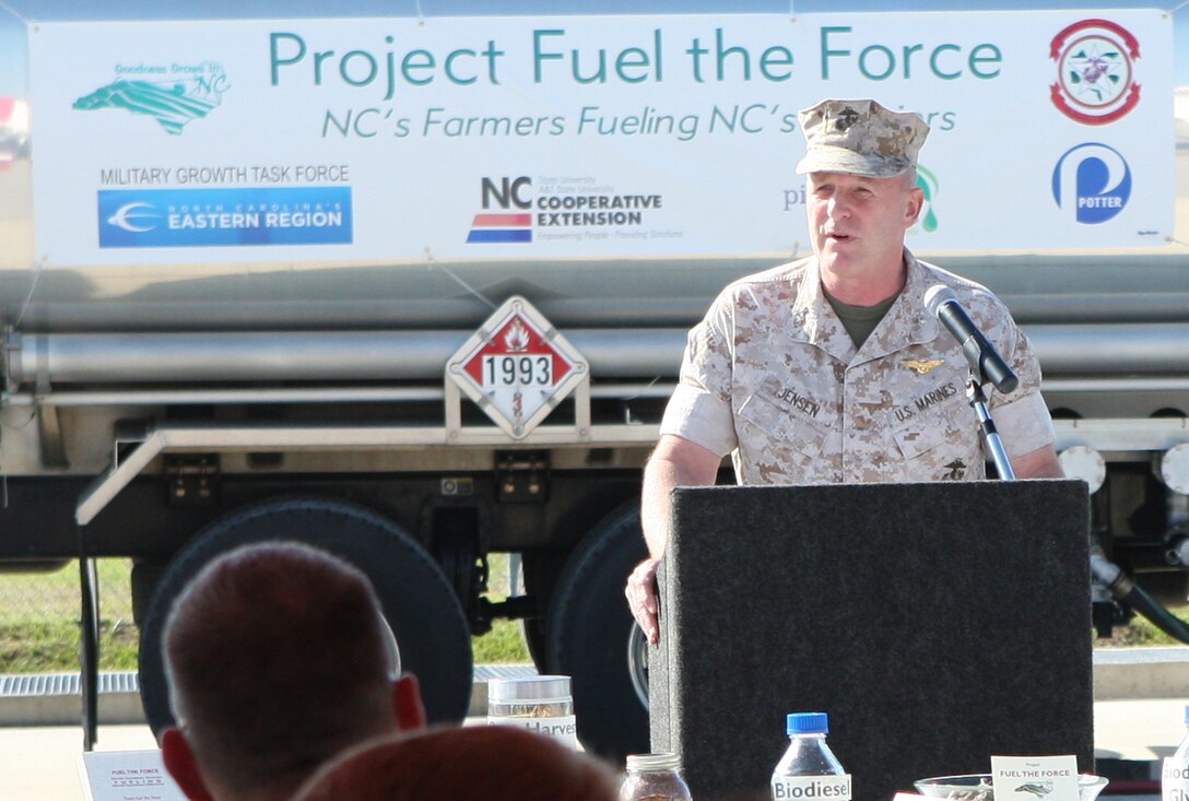 MARINE CORPS BASE CAMP LEJEUNE, N.C. – Maj. Gen. Carl Jensen, commanding general of Marine Corps Installations East gave a speech during a ceremonial event which included the inaugural shipment of biodiesel grown, processed and blended exclusively in North Carolina for the military, and delivered to Marine Corps Base Camp Lejeune, Monday. The delivery of the B20 biodiesel was the culmination of years or collaboration facilitated by North Carolina Eastern Region’s Military Growth Task Force through a project known as Fuel the Force. (Official U.S. Marine Corps photo by Pfc. Nik S. Phongsisattanak)