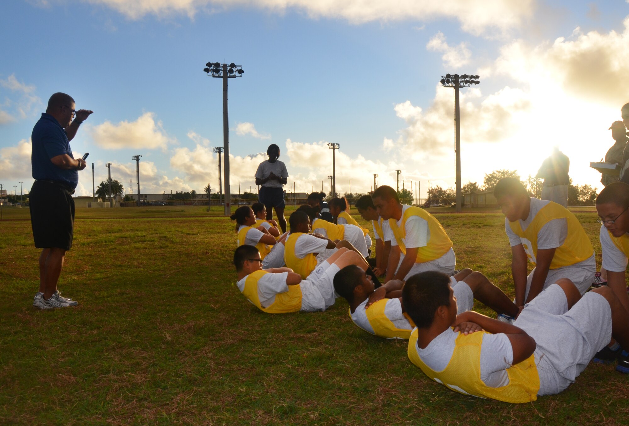 Reserve Officer Training Corps cadets for John F. Kennedy High School in
Tumon, Guam, participate in a standardized Air Force physical fitness test
conducted by 36th Force Support Squadron members Feb. 26 curing a base tour.
As well as conducting the test, the 36 FSS members emphasized the importance
of PT and stressed Andersen's 90 at 90 initiative, where Airmen are striving
for a 90 percent on their PT tests.  (U.S. Air Force photo/Senior Airman
Veronica McMahon)
  
