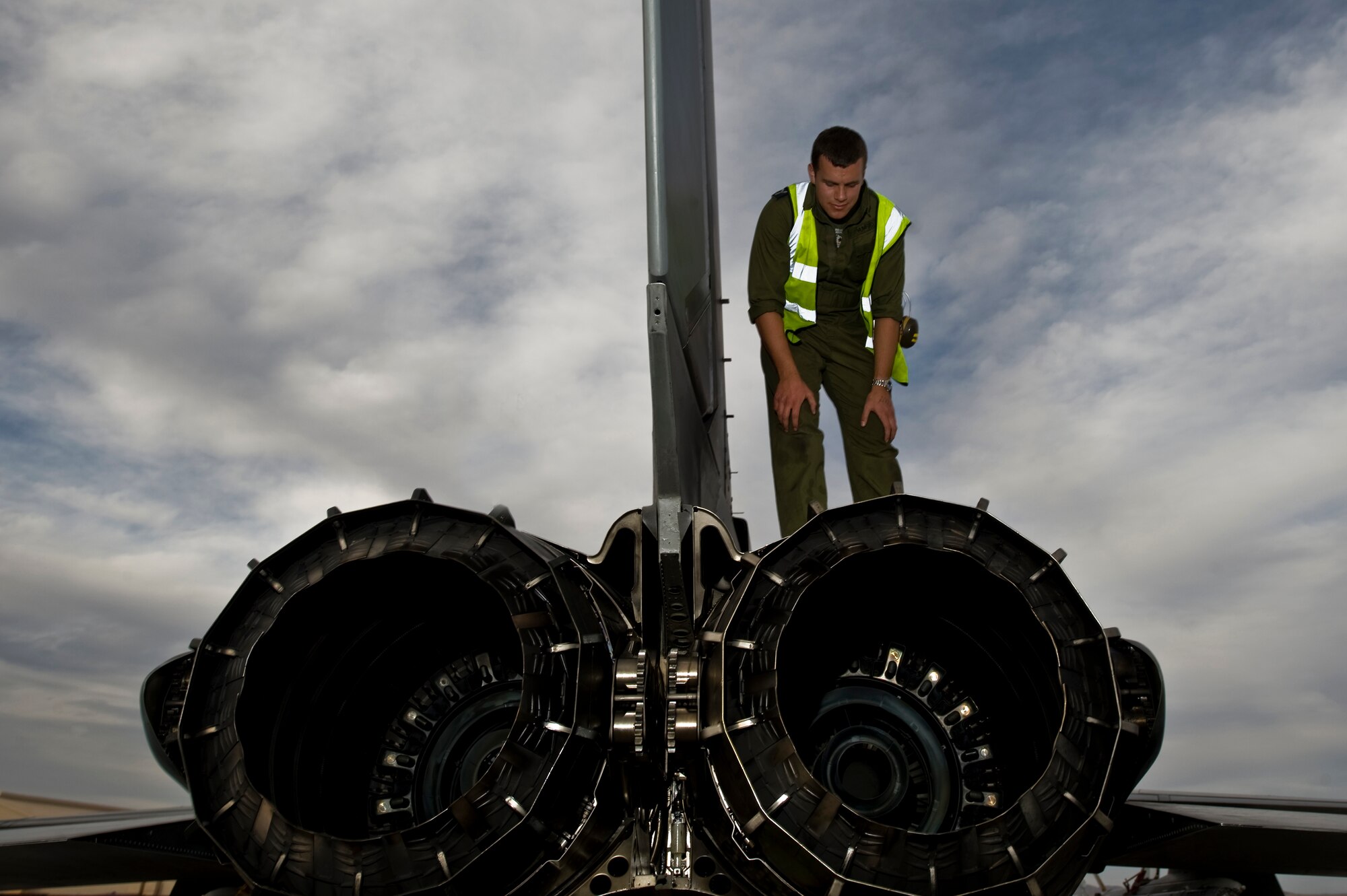 Royal Air Force of the United Kingdom Senior Aircraftsman Daniel Mumford, 2nd Army Cooperation Squadron, engineer, RAF Marham, checks over a GR4 Tornado, during Red Flag 12-3 March 5, 2012, at Nellis Air Force Base, Nev. Red Flag is a realistic combat training exercise involving the air forces of the United States and its allies.(U.S. Air Force photo by Airman 1st Class Daniel Hughes)