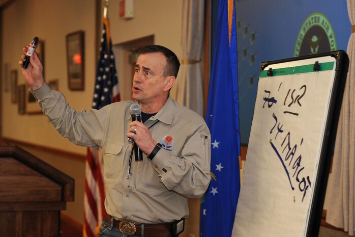 Retired U.S. Army Lt. Col. David Grossman, an internationally recognized author, speaks to Nellis, Creech, and Nevada Test and Training Range Airmen and civilians during the National Prayer Luncheon, March 1, 2012 at the Nellis Air Force Base Club. Grossman, a former Army Ranger and West Point psychology professor, is currently the director of the Killology Research Group. In the wake of the 9/11 terrorist attacks, he has written numerous books on understanding of killing in war, and the process of healing the victims of violence in war and peace. He is on the road almost 300 days a year and speaks to elite military and law enforcement organizations worldwide about the reality of combat. (U.S. Air Force photo by Staff Sgt. Taylor Worley)
