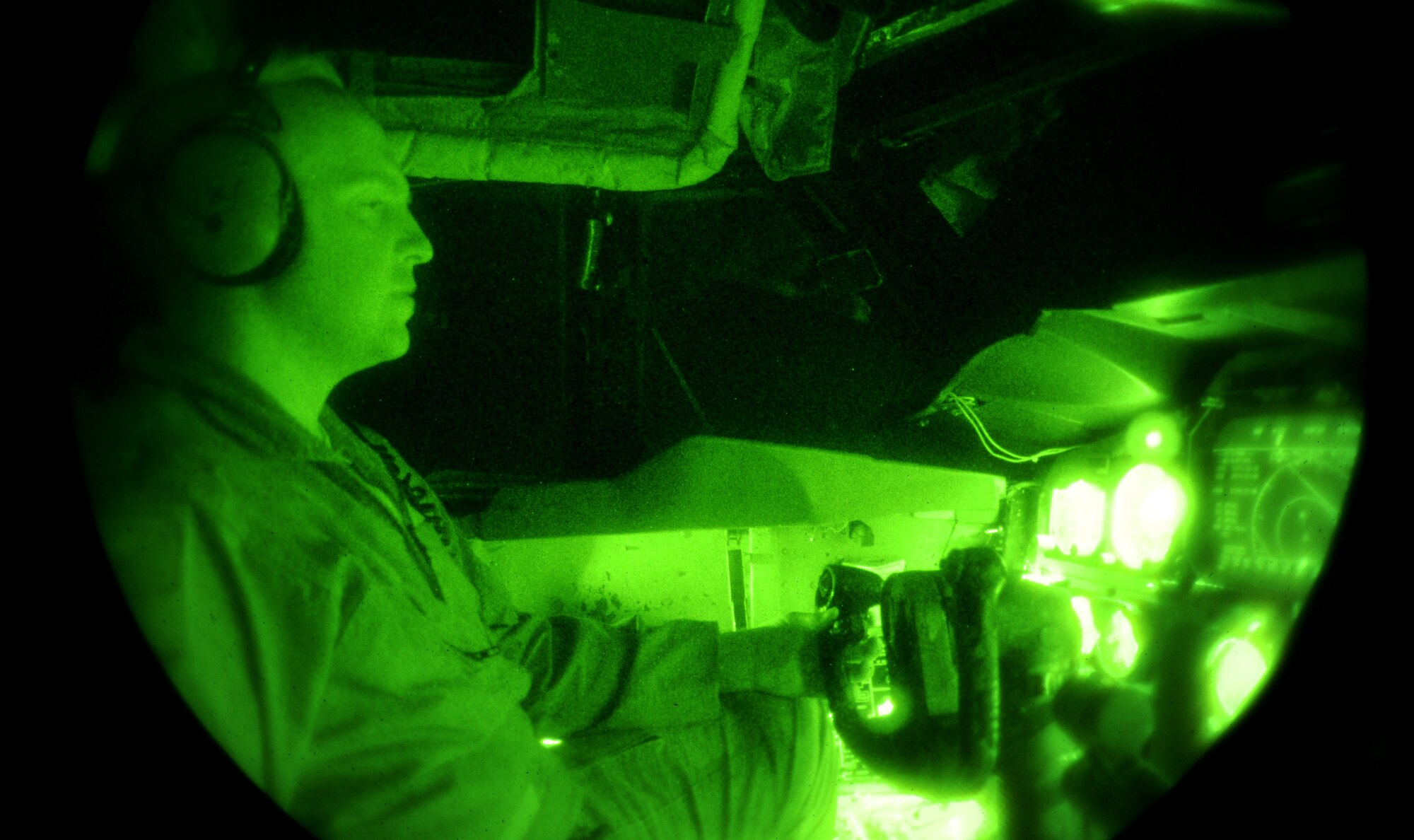 Capt. Andrew Embry, a B-52H Stratofortress aircraft commander, 96th Bomb Squadron, Barksdale Air Force Base, La., pilots a mission during Exercise Red Flag, March 3, 2012. Red Flag trains pilots from the U.S., NATO and other allied countries for realistic combat scenarios. The exercise provides an opportunity for Air Force Global Strike Command units to demonstrate conventional strike capability, anytime and anywhere.  (U.S. Air Force photo by Tech. Sgt. Bradley C. Church)(Released)
