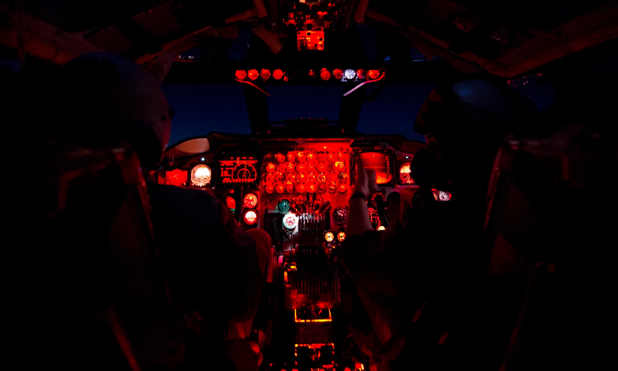Capt. Andrew Embry, (Left) B-52H Stratofortress aircraft commander and Capt. Michael Plourde (Right) co-pilot,  96th Bomb Squadron, Barksdale Air Force Base, La., take-off during Exercise Red Flag, March 3, 2012. Red Flag trains pilots from the U.S., NATO and other allied countries for realistic combat scenarios. The B-52 performs a dual-role mission, nuclear and conventional, providing a rapid global strike capability and ability to reach hardened and buried targets anywhere and at anytime. (U.S. Air Force photo by Tech. Sgt. Bradley C. Church)(Released)
 
