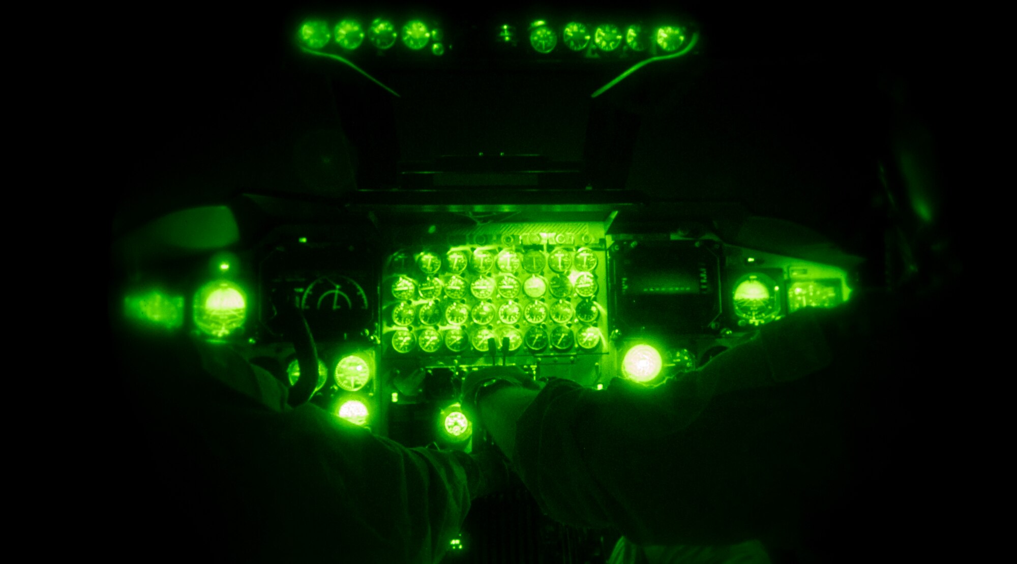 Capt. Andrew Embry (Left), B-52H Stratofortress aircraft commander, and Capt. Michael Plourde (Right), co-pilot, from the 2nd Bomb Wing, Barksdale Air Force Base, La., prepare for take-off during Exercise Red Flag, March 3, 2012. Red Flag trains pilots from the U.S., NATO and other allied countries for realistic combat scenarios. The B-52 performs a dual-role mission, nuclear and conventional, providing a rapid global strike capability and ability to reach hardened and buried targets anywhere and at anytime. (U.S. Air Force photo by Tech. Sgt. Bradley C. Church)(Released)
