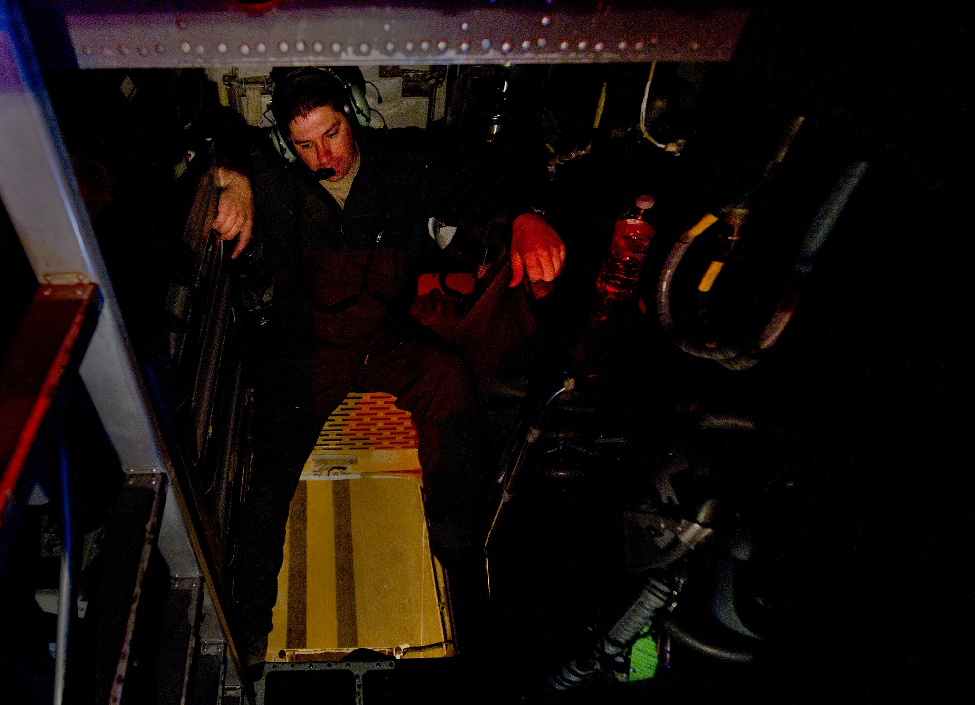 Capt. Ryan King, a B-52H Stratofortress instructor navigator from the 96th Bomb Squadron, Barksdale Air Force Base, La., prepares for a flight during Exercise Red Flag, March 3, 2012. Red Flag trains pilots from the U.S., NATO and other allied countries for realistic combat scenarios. The B-52 performs a dual-role mission, nuclear and conventional, providing a rapid global strike capability and ability to reach hardened and buried targets anywhere and at anytime. (U.S. Air Force photo by Tech. Sgt. Bradley C. Church)(Released)
