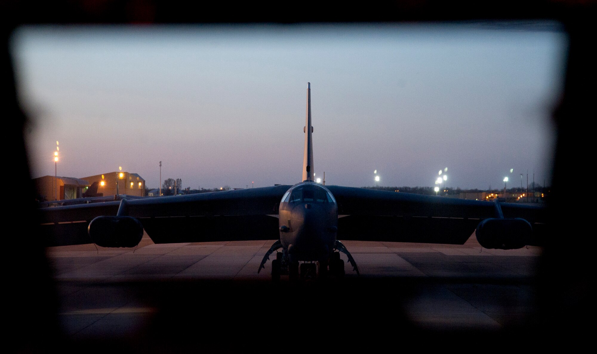 A B-52H Stratofortress from the 2nd Bomb Wing, Barksdale Air Force Base, La., is parked on the ramp during Exercise Red Flag, March 3, 2012. Exercise Red Flag trains aircrews from the U.S., NATO and other allied countries for realistic combat scenarios. The B-52 performs a dual-role mission, nuclear and conventional, providing a rapid global strike capability and ability to reach hardened and buried targets anywhere and at anytime. (U.S. Air Force photo by Tech. Sgt. Bradley C. Church) (Released)
