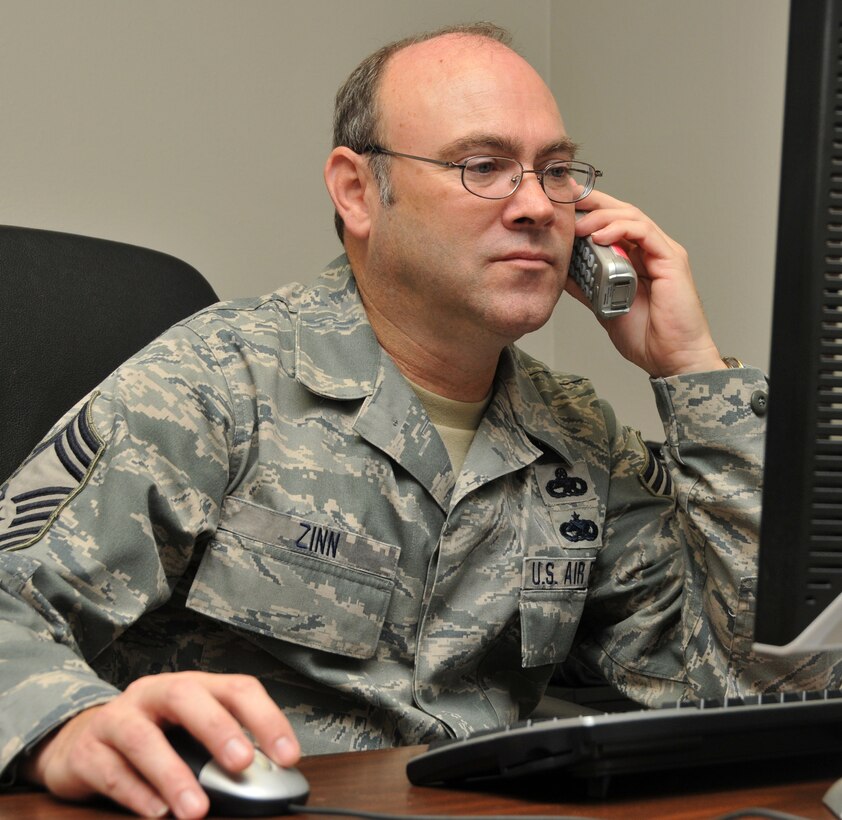 Chief Master Sergeant Tony Zinn,147th Maintenance Group, prepares for the  Unit Compliance Inspection scheduled for August during drill weekend at Ellington Field Joint Reserve Base, TX, Dec. 4, 2011. 
(National Guard Photo/Master Sgt. Sean Cowher/Released)