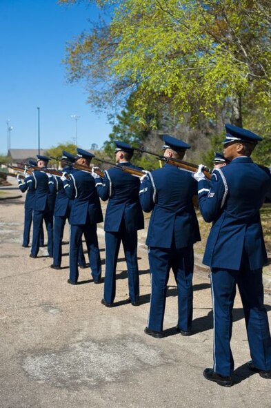 Hurlburt Field's Honor Guard performs the 21-gun salute in honor of Lt. Col. John Darin Loftis. Approximately 250 family, friends and Airmen from across the Air Force attended Loftis?s funeral Monday, Mar. 5, 2012, at the base chapel on Hurlburt Field, Fla. Loftis died Feb. 25 from wounds received during an attack at the Interior Ministry, Kabul, Afghanistan. (U.S. Air Force photo by/Airman 1st Class Christopher Williams.)