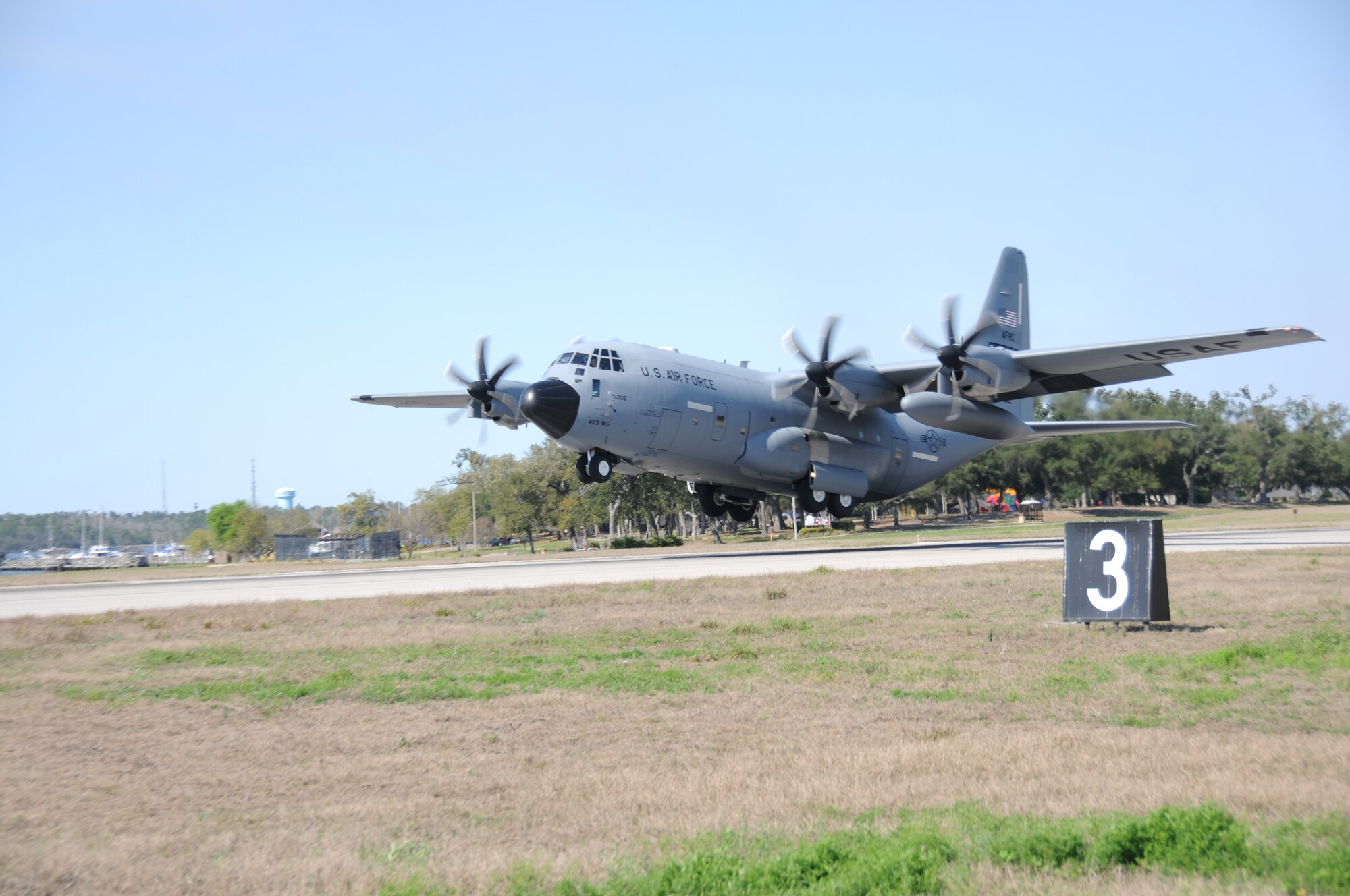 A C-130J Hercules aircraft takes flight March 5, 2012, at Keesler Air Force Base, Miss.  (U.S. Air Force photo by Kemberly Groue)