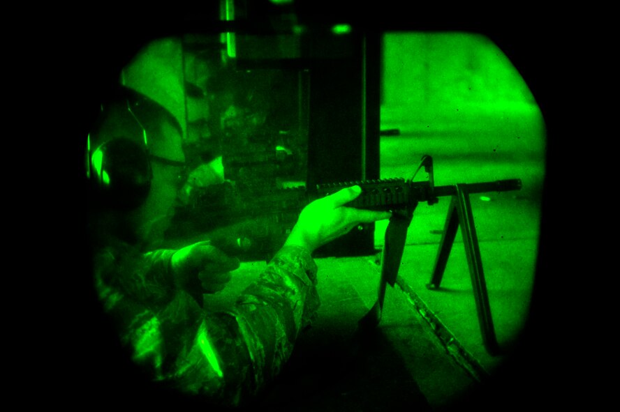 U.S. Air Force Airman Clayton Angleoff, 20th Civil Engineering Squadron firefighter, fires his M4A2 assault rifle to zero in his sights on Shaw Air Force Base, S.C. Feb. 27, 2012. Night vision equipment and scopes help illuminate targets in low light situations without being detected. (U.S. Air Force photo by Senior Airman Neil D. Warner/Released)