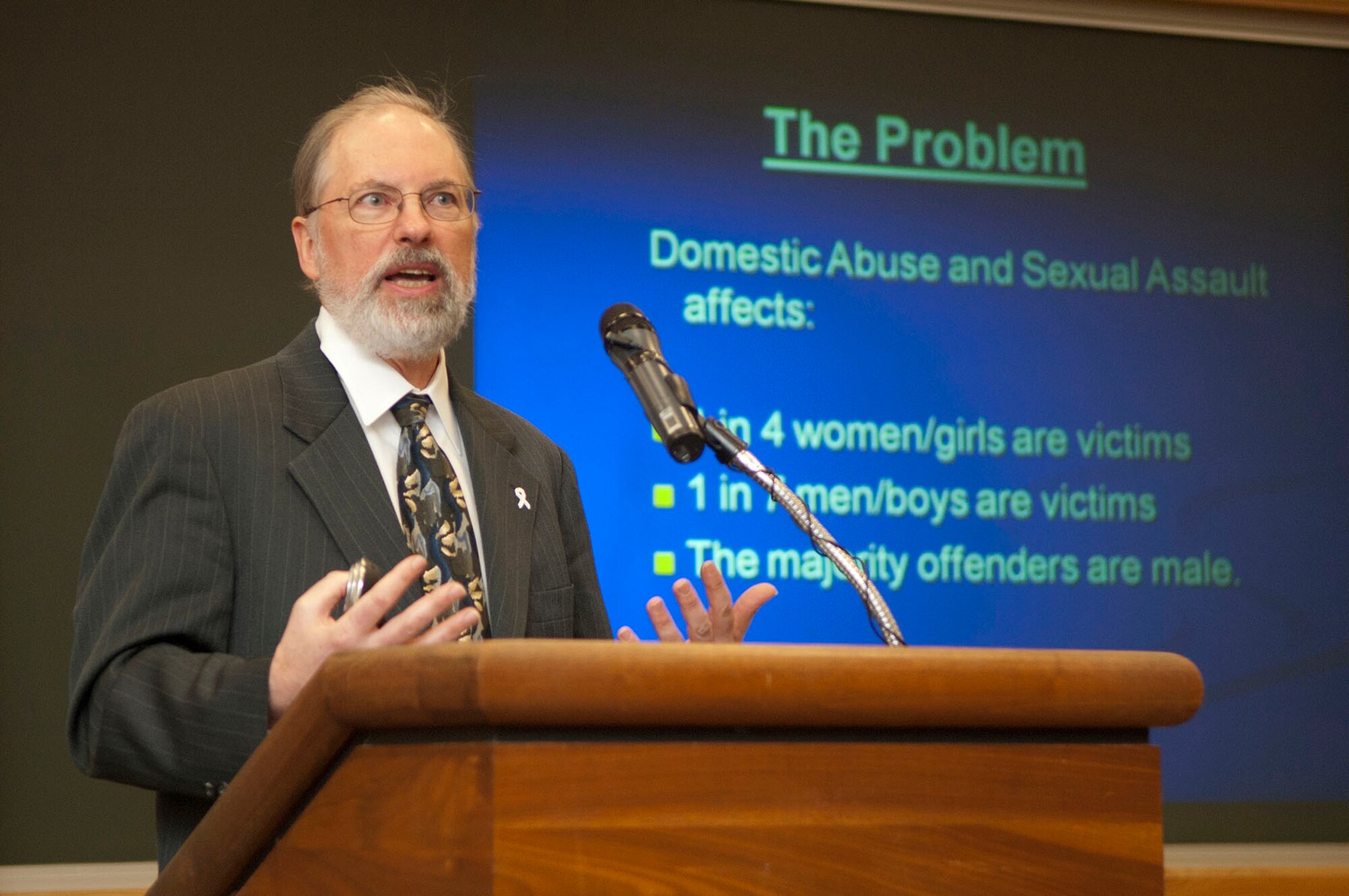 HANSCOM AIR FORCE BASE, Mass. - Craig Norberg-Bohm from Jane Doe Inc., part of the Massachusetts Coalition Against Sexual Assault and Domestic Violence, speaks at a violence prevention forum hosted by Family Advocacy at the Hanscom Conference Center March 2.  The focus of the event was to discuss men’s role in preventing all forms of domestic violence. (U.S. Air Force photo by Mark Wyatt)