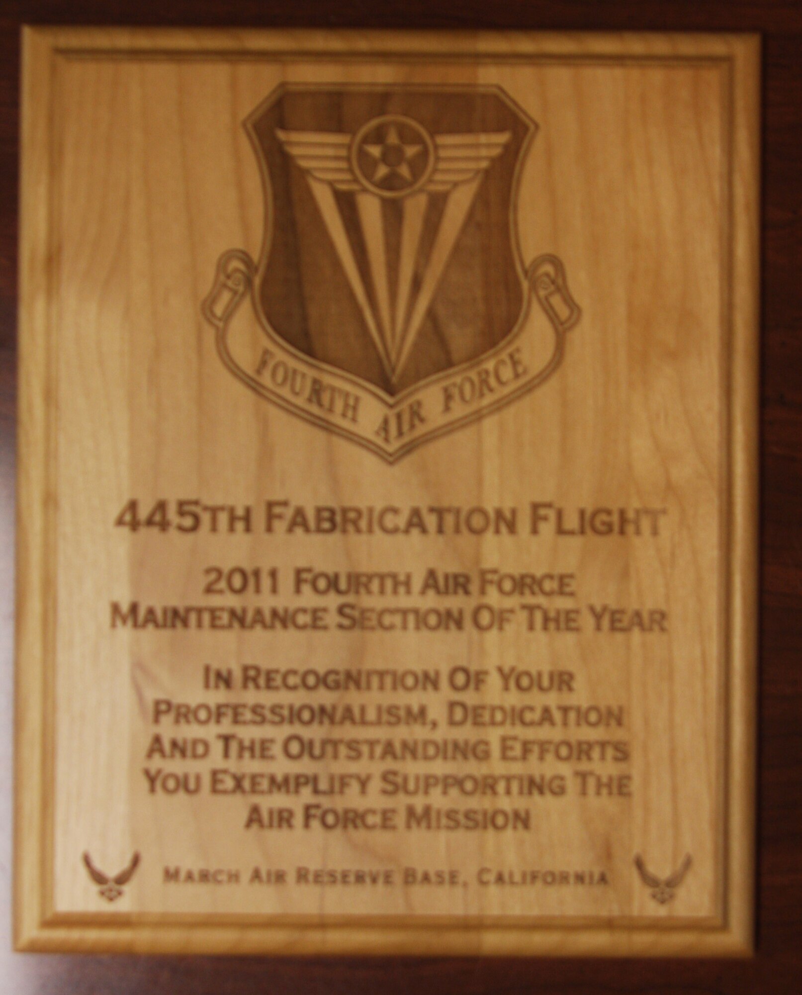 WRIGHT-PATTERSON AIR FORCE BASE, Ohio – The 445th Maintenance Squadron’s Fabrication Flight received the 2011 Fourth Air Force Maintenance Section of the Year Award Feb. 10. (U.S. Air Force photo/Shamae Jones)