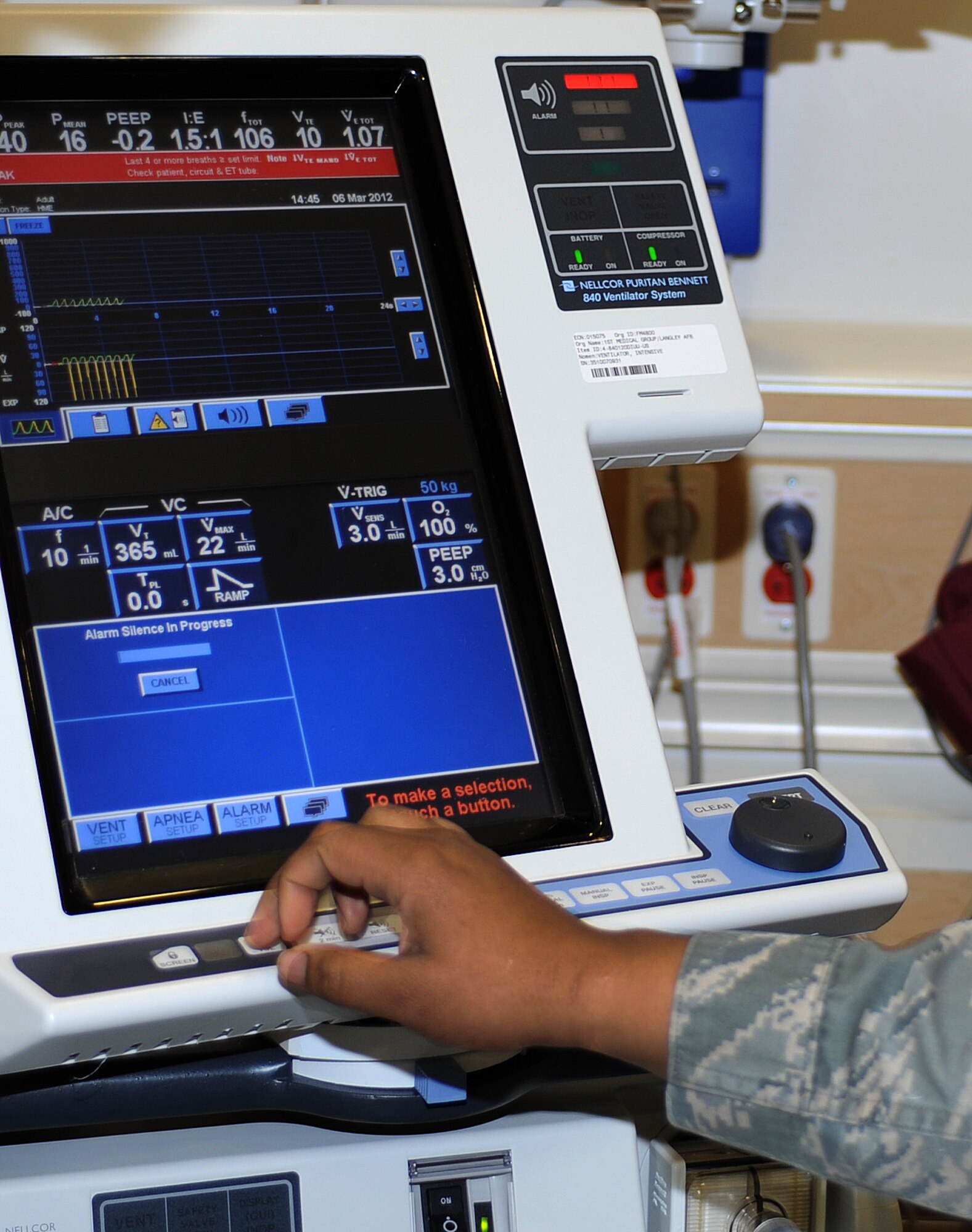 U.S. Air Force Senior Airman Destini Oglesby, 633rd Medical Operations Squadron Pulmonary Clinic lab technician, tests a ventilator at Langley Air Force Base, Va., March 6, 2012. Pulmonary specialists at USAF Hospital Langley use ventilators to assist patients who have difficulty breathing on their own while under intensive care. (U.S. Air Force photo by Airman 1st Class Teresa Cleveland/Released)