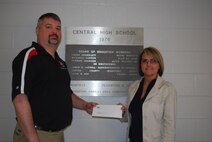 Aerospace Testing Alliance (ATA), the operating contractor for Arnold Engineering Development Center (AEDC), made a donation to benefit the Computer Aided Drafting program at Coffee County Central High School in Manchester. Christy Brunner, a project administrator in ATA’s Project and Design Engineering Department, presented the check on behalf of the ATA Office of the General Manager to Jon Spears, Coffee County Central High School drafting instructor Feb. 2. (Photo provided.)