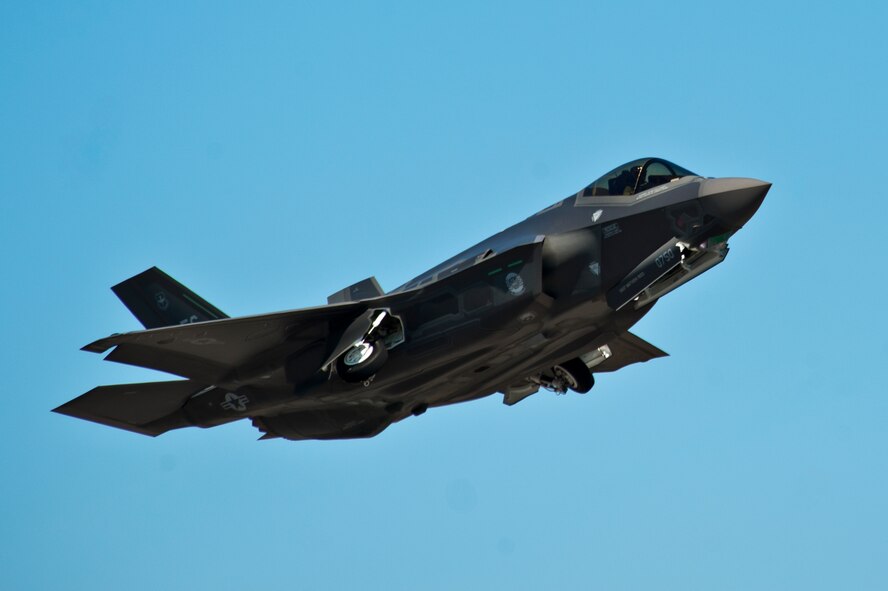 The F-35A Lightning II joint strike fighter lifts off for its first-ever training sortie March 6 at Eglin Air Force Base, Fla. It’s the first flight of any 33rd Fighter Wing F-35 since their arrival to the base. (U.S. Air Force photo/Randy Gon)
