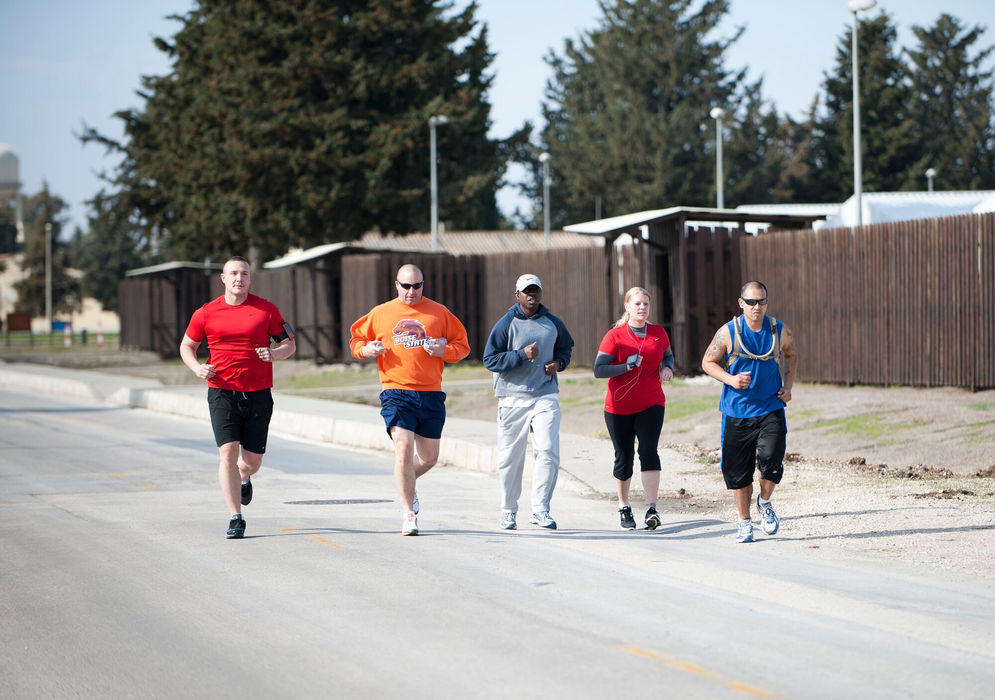 Members of the 39th Logistics Readiness Squadron Petroleum, Oil and Lubricant Flight earn miles for their team in the LRS Divided challenge March 3, 2012, at Incirlik Air Base, Turkey. LRS Divided put runners from POL against the rest of LRS  to see who could run the most miles in 30 days.  The POL team won by more than 400 miles. The squadron as a whole ran a total of 2,803 miles. (U.S. Air Force photo by Senior Airman Clayton Lenhardt/Released)