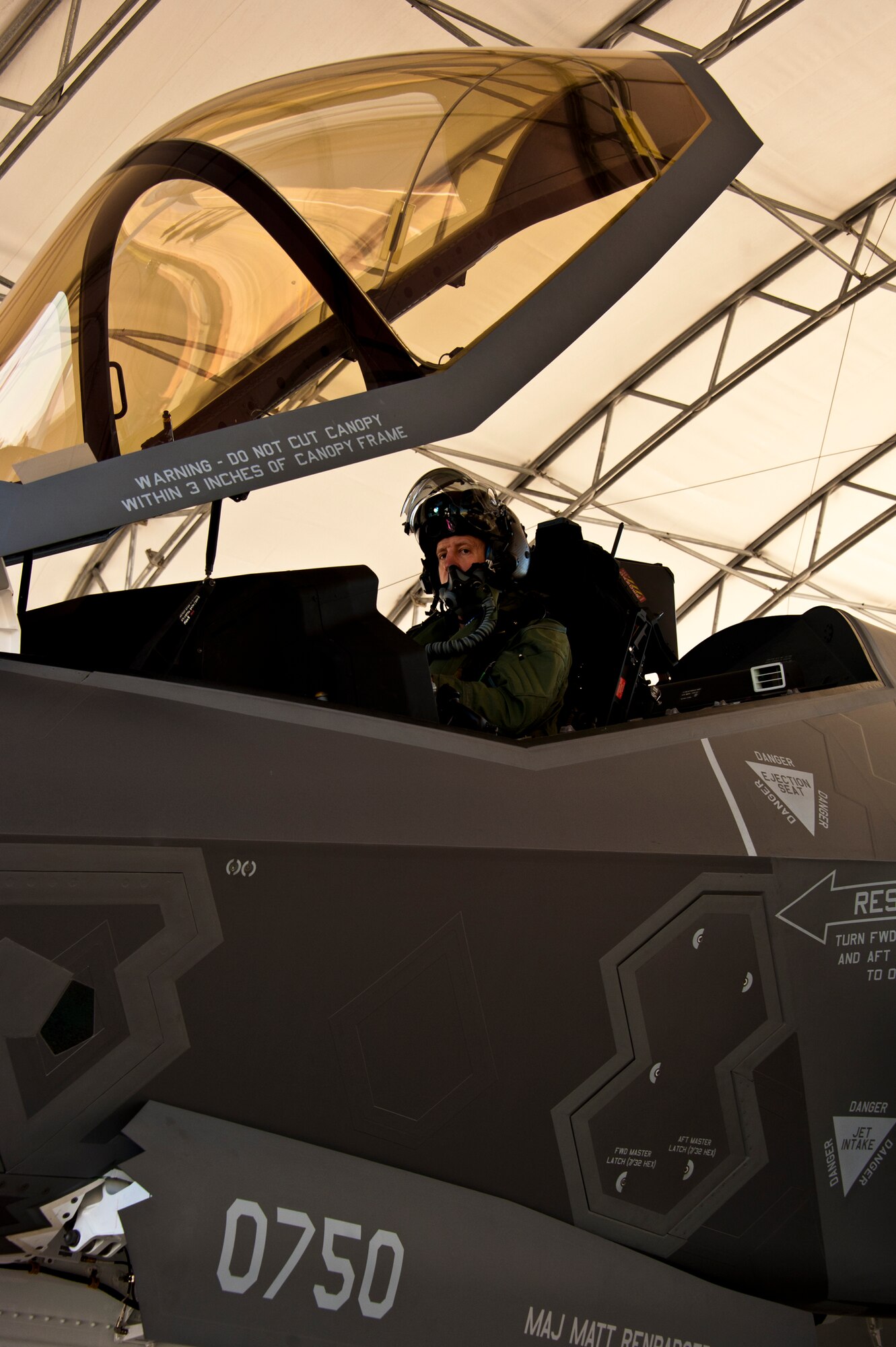 Lt. Col. Eric Smith, the 58th Fighter Squadron director of operations, begins flight checks on the F-35A Lightning II joint strike fighter prior to its first-ever training sortie March 6 at Eglin Air Force Base, Fla.  Smith is the first Air Force pilot qualified to fly the F-35.  (U.S. Air Force photo/Samuel King Jr.)