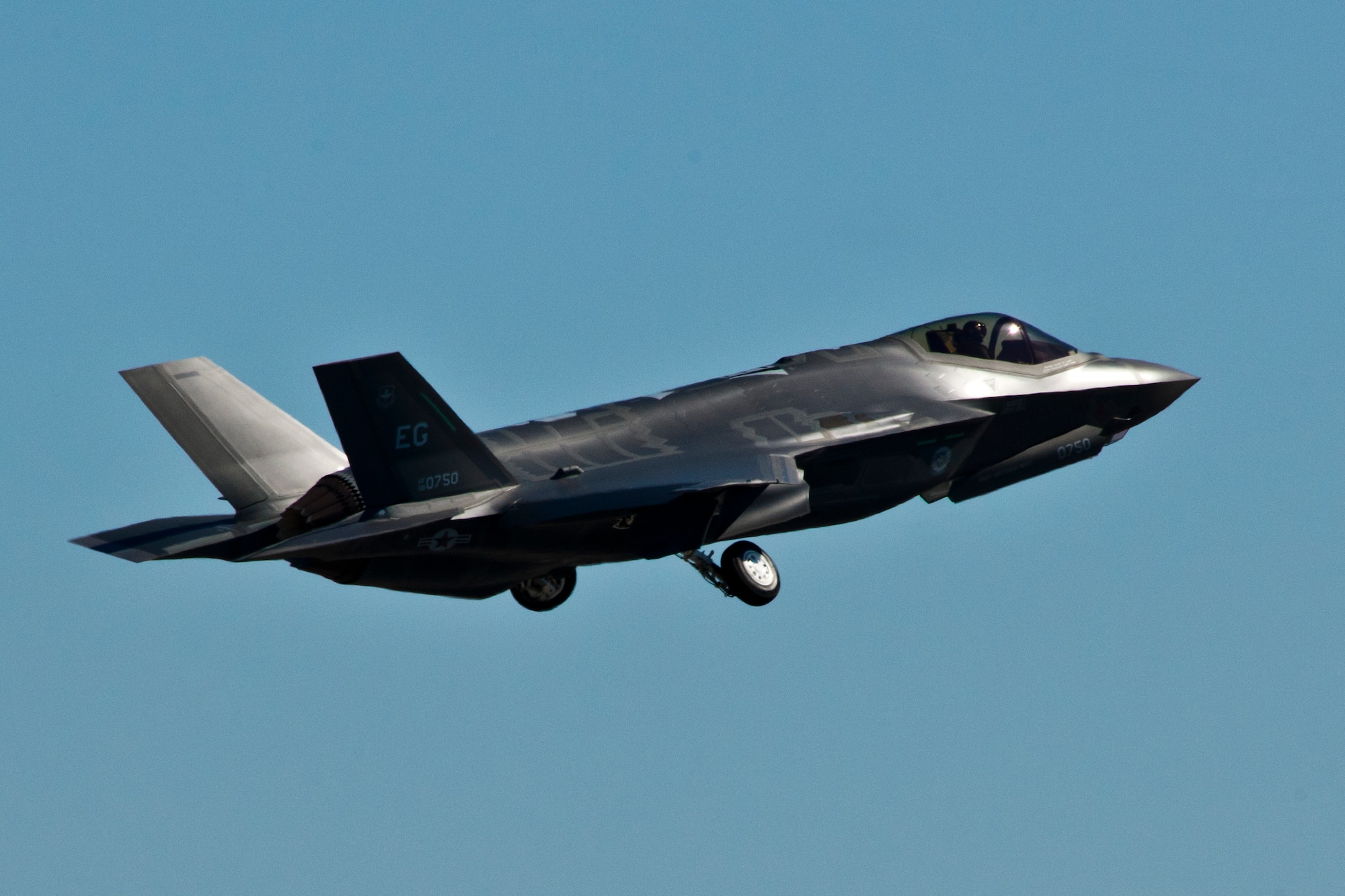 The F-35A Lightning II joint strike fighter lifts off for its first training sortie March 6 at Eglin Air Force Base, Fla. It’s the first flight of any 33rd Fighter Wing F-35 since its arrival to the base. (U.S. Air Force photo/Samuel King Jr.)