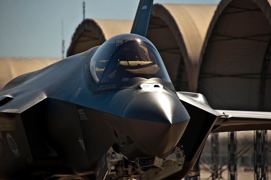 The F-35A Lightning II joint strike fighter taxis out for its first training sortie March 6 at Eglin Air Force Base, Fla. (U.S. Air Force photo/Samuel King Jr.)