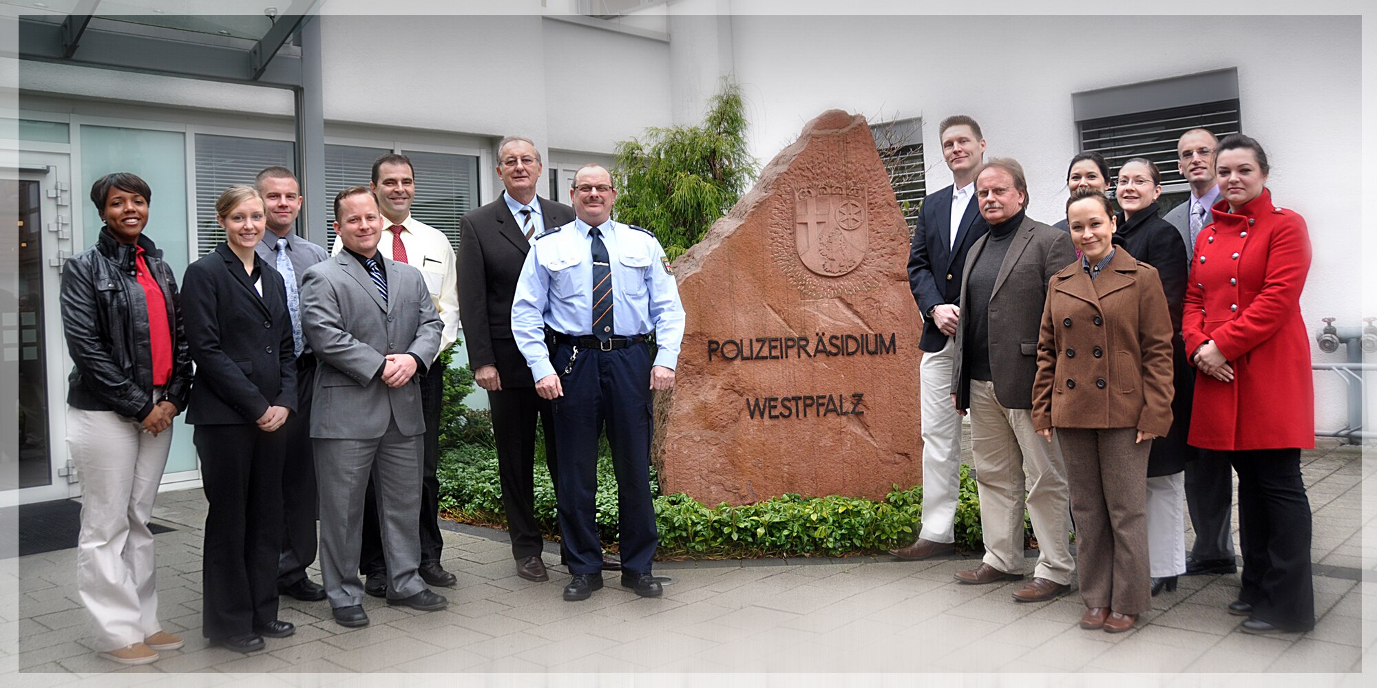 Air Force Office of Special Investigations 13th Field Investigations Squadron Kaiserslautern Fraud and Corruption Task Force members visited the German Police Presidium Westpfalz police station in Kaiserslautern to encourage future liaison opportunities. The German Chief of Police Wolfgang Erfurt, sixth from left, met with members from OSI's 13 FIS during their visit. OSI members around the world, whether stationed in the United States or otherwise, are always working on improving liaison relationships with their local law enforcement counterparts. (U.S. Air Force photo provided by the 13 FIS.)