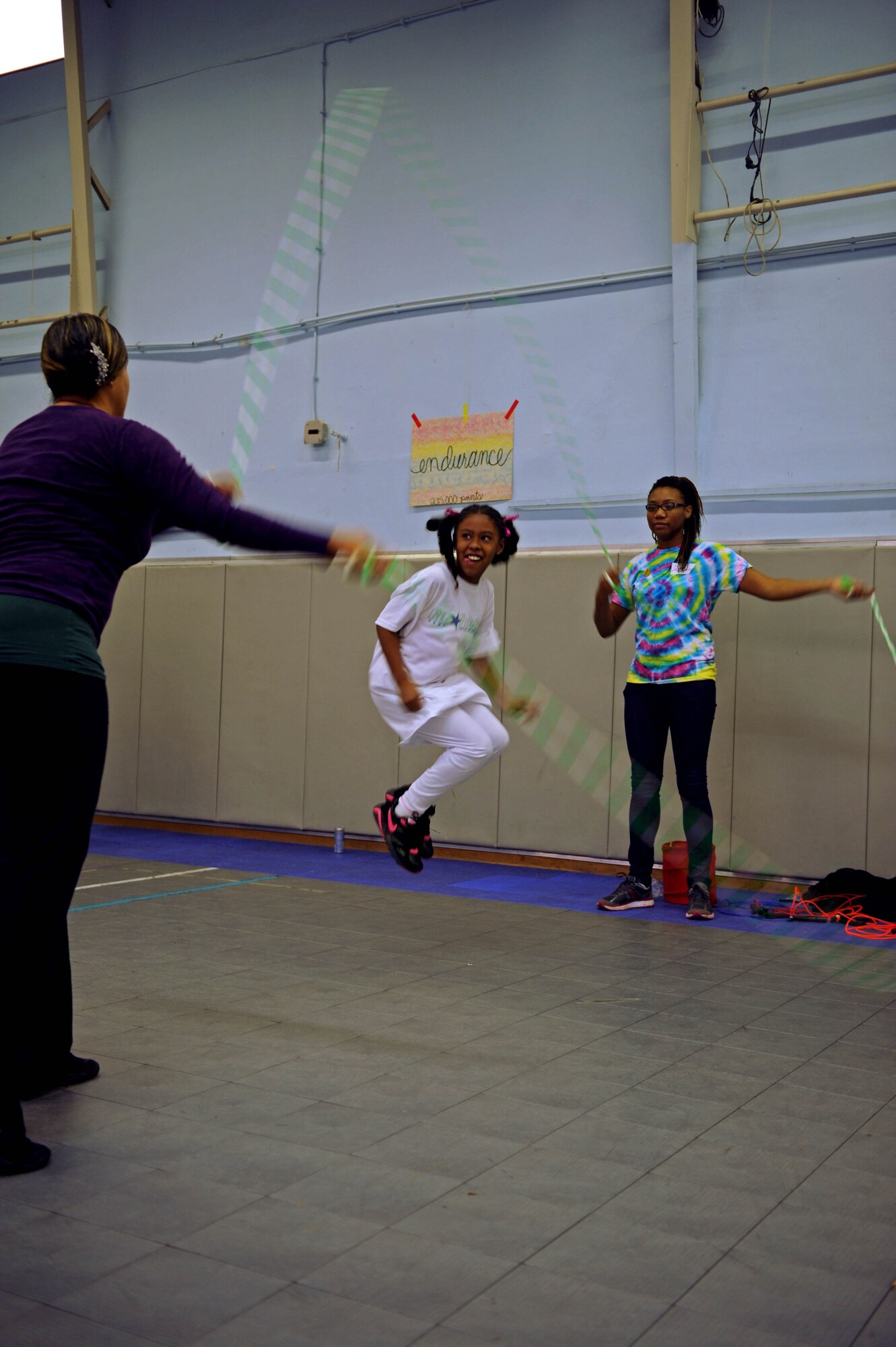 SPANGDAHLEM AIR BASE, Germany – Kiyrha Lilly, daughter of Staff Sgt. Seibenthauler Lodge, 52nd Civil Engineer Squadron, jumps-rope during the FitFactor X-Games event at the Spangdahlem Middle School here March 3. The 52nd Force Support Squadron Youth Programs sponsored the event to introduce and familiarize students and their parents with fitness and health initiatives. FitFactor is an Air Force-wide youth fitness and health program that challenges children age 6 to 18 to be active for an hour each day, eat right and make healthy lifestyle choices. (U.S. Air Force photo by Airman 1st Class Matthew B. Fredericks/Released)