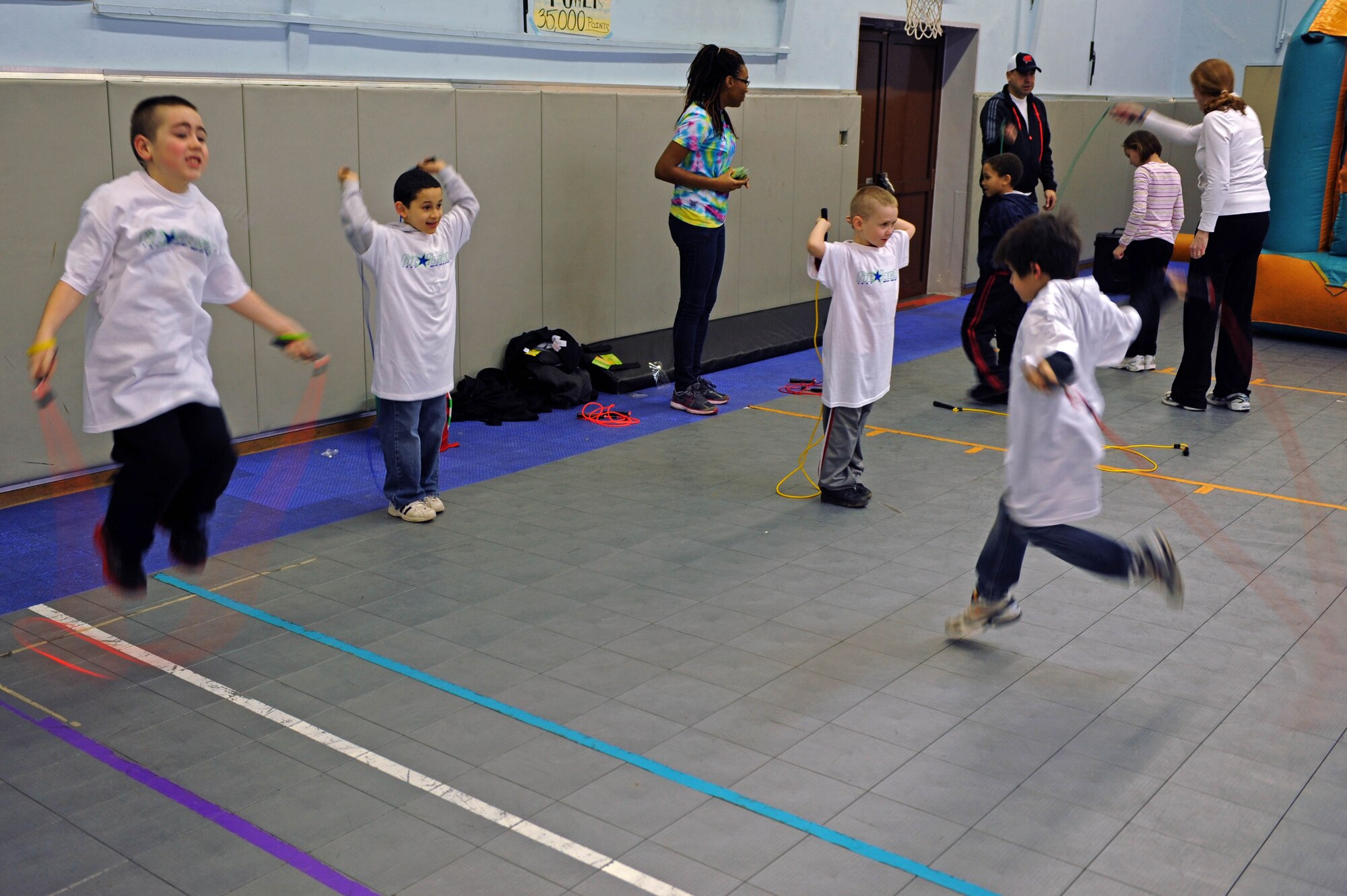 SPANGDAHLEM AIR BASE, Germany – Children from Department of Defense Dependents Schools jump-rope during the FitFactor X-Games event at the Spangdahlem Middle School here March 3. The 52nd Force Support Squadron Youth Programs sponsored the event to introduce and familiarize students and their parents with fitness and health initiatives. FitFactor is an Air Force-wide youth fitness and health program that challenges children age 6 to 18 to be active for an hour each day, eat right and make healthy lifestyle choices. (U.S. Air Force photo by Airman 1st Class Matthew B. Fredericks/Released)