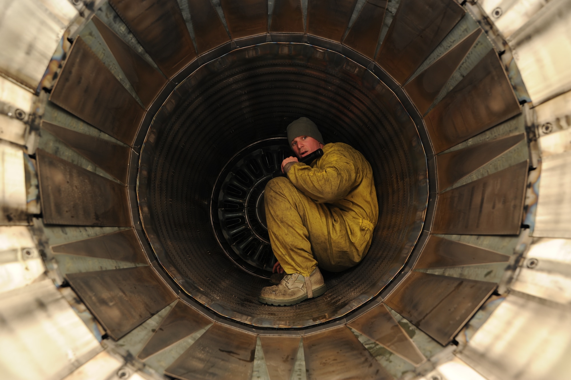 KONYA, Turkey – Staff Sgt. Mike Radcliff, 52nd Aircraft Maintenance Squadron crew chief, inspects the exhaust of an F-16 Fighting Falcon after a mission during Exercise Anatolian Falcon 2012. The U.S. and Turkish air forces are flying together during the exercise in an effort to strengthen relationships and ensure regional peace and stability. (U.S. Air Force photo/Staff Sgt. Benjamin Wilson)