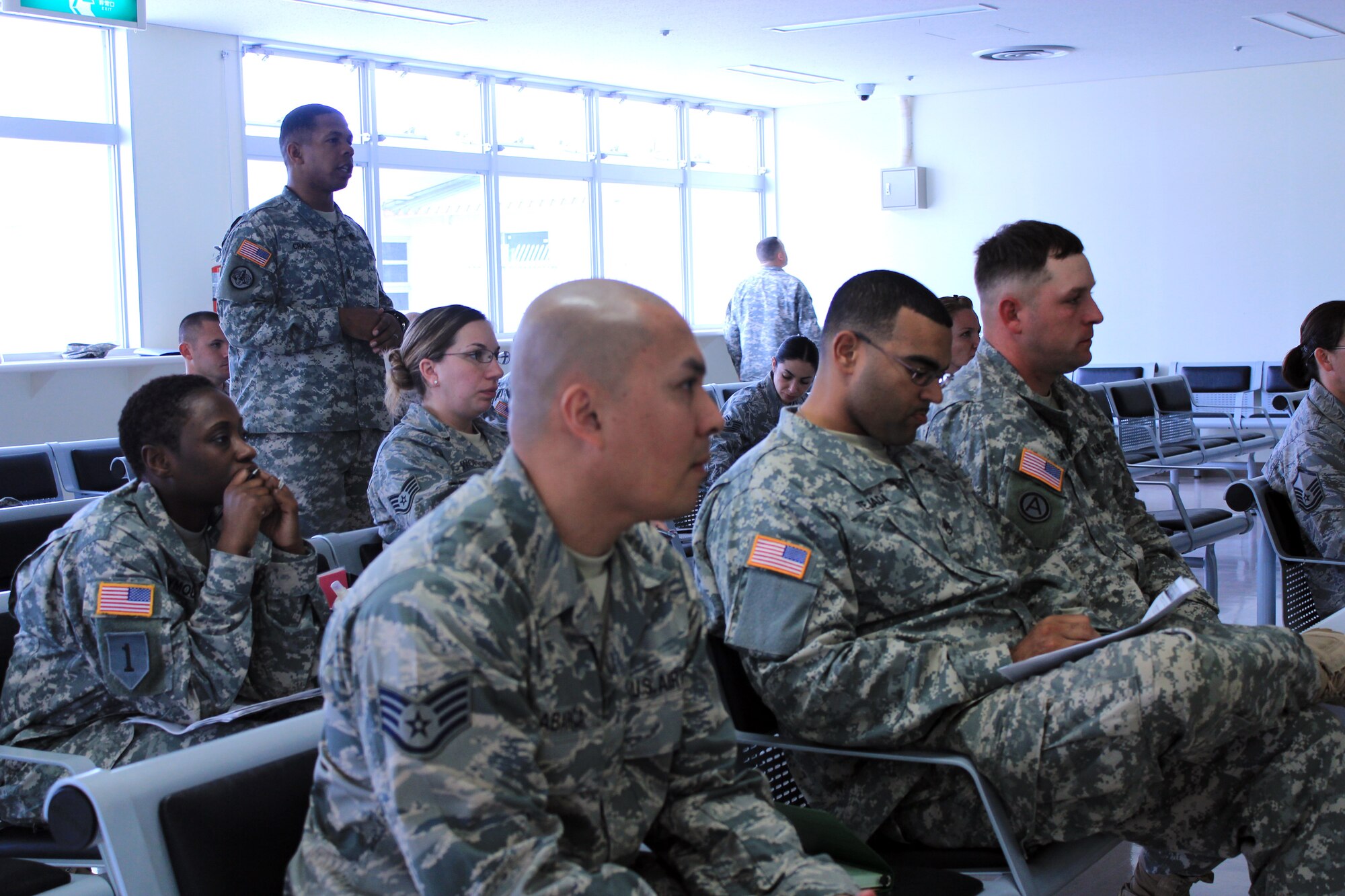 U.S. Army 1st Sgt. Roger Craig, Echo Company, 1st Battalion, 1st Air Defense Artillery, instructs U.S. Air Force and Army members during a week-long joint assistant resiliency trainer course Feb. 21-27, 2012 at Kadena Air Base, Japan. The resiliency course, developed by the Army along with the University of Pennsylvania, provides members with the tools to combat stressful situations before they become bigger problems. (Courtesy photo by Ashleigh Craig/released)