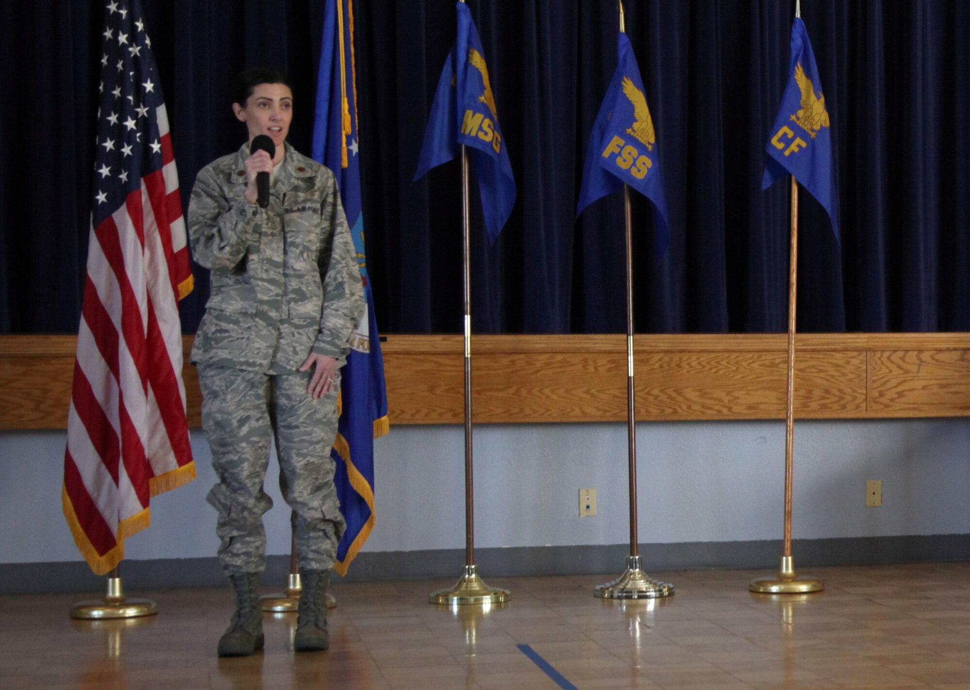 Major Emily Richards, 940th Force Support Commander, addresses the audience at the FSS Assumption of Command ceremony, March 4, 2012, at the Community Activity Center on Beale Air Force Base, Calif. The 940 FSS is the wing's newest mission support squadron, formed when the 940th Services Flight and the 940th Military Personnel Squadron merged in October 2010. (U.S. Air Force photo/Tech. Sgt. Kenneth McCann)