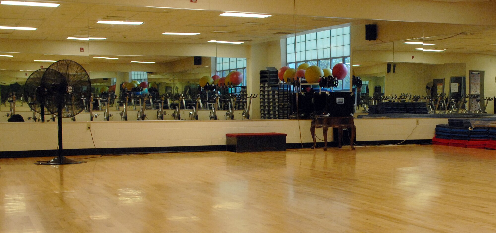 The aerobics room is the home to various workout equipment and is heavily utilized by gym goers on Barksdale Air Force Base, La. If permitted, the Fitness On Request kiosk will be added to the room and will be available during Fitness Center hours of operation and will be used for individual workouts and group classes. (U.S. air Force photo/Airman 1st Class Joseph A. Pagán Jr.)(RELEASED)