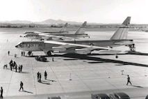MARCH AIR FORCE BASE, Calif. - Three B-52Bs of the 93rd Bomb Wing prepare to depart for Castle Air Force Base, Calif., after their record-setting round-the-world flight in 1957. (U.S. Air Force photo)