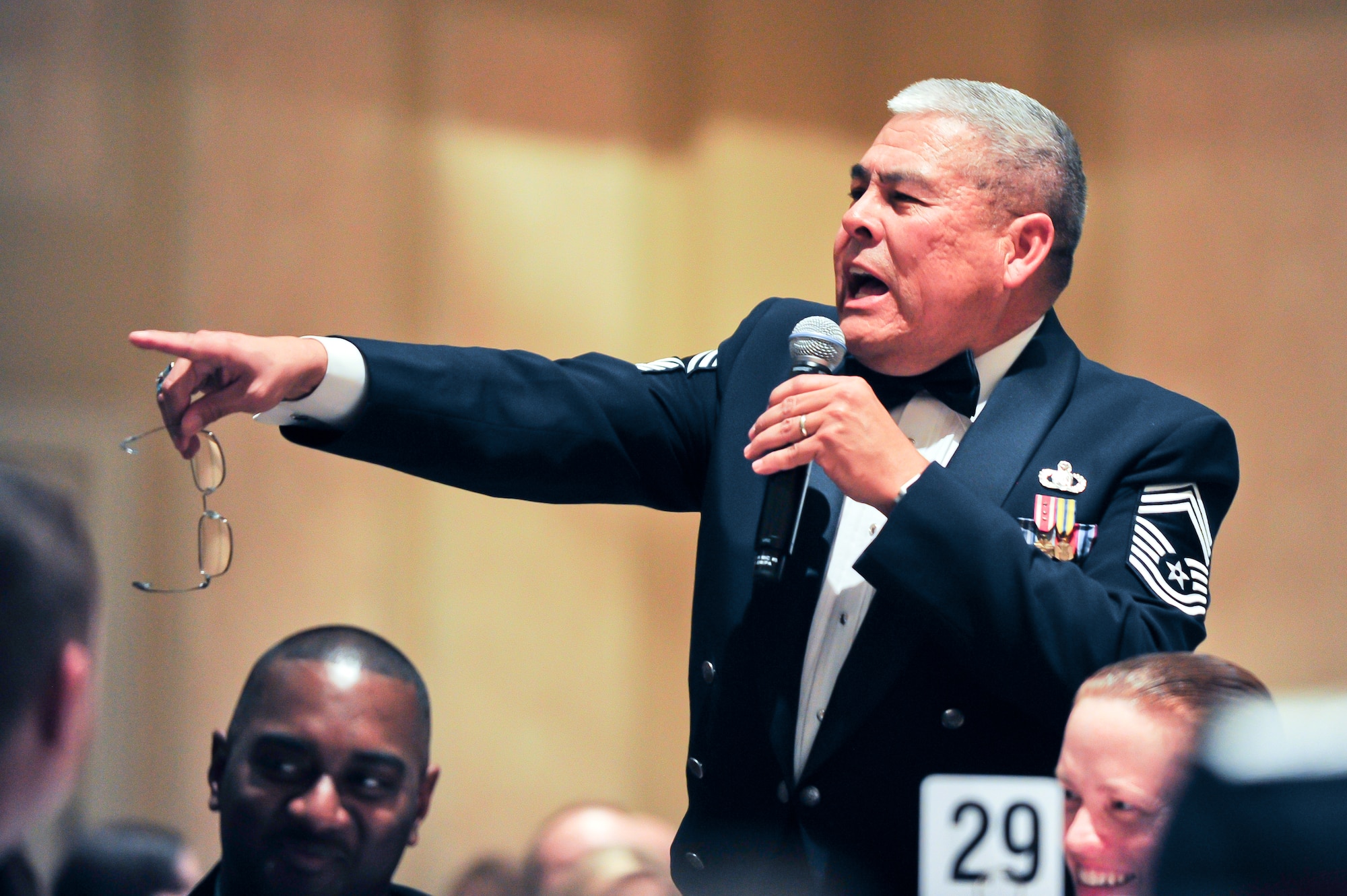 Motivating the audience with stories and life experiences, Chief Master Sergeant (Retired) Bob Vásquez was the guest speaker at the 310th Space Wing awards banquet on March 2, 2012 at the Antlers Hilton in Colorado Springs, Colo. Chief Vasquez is currently the Course Director for the freshman character development seminar at the USAF Academy’s Center for Character and Leadership Development as well as an adjunct professor at the University of Colorado at Colorado Spring, Colo. (U.S. Air Force photo/Tech. Sgt. Nicholas B. Ontiveros)