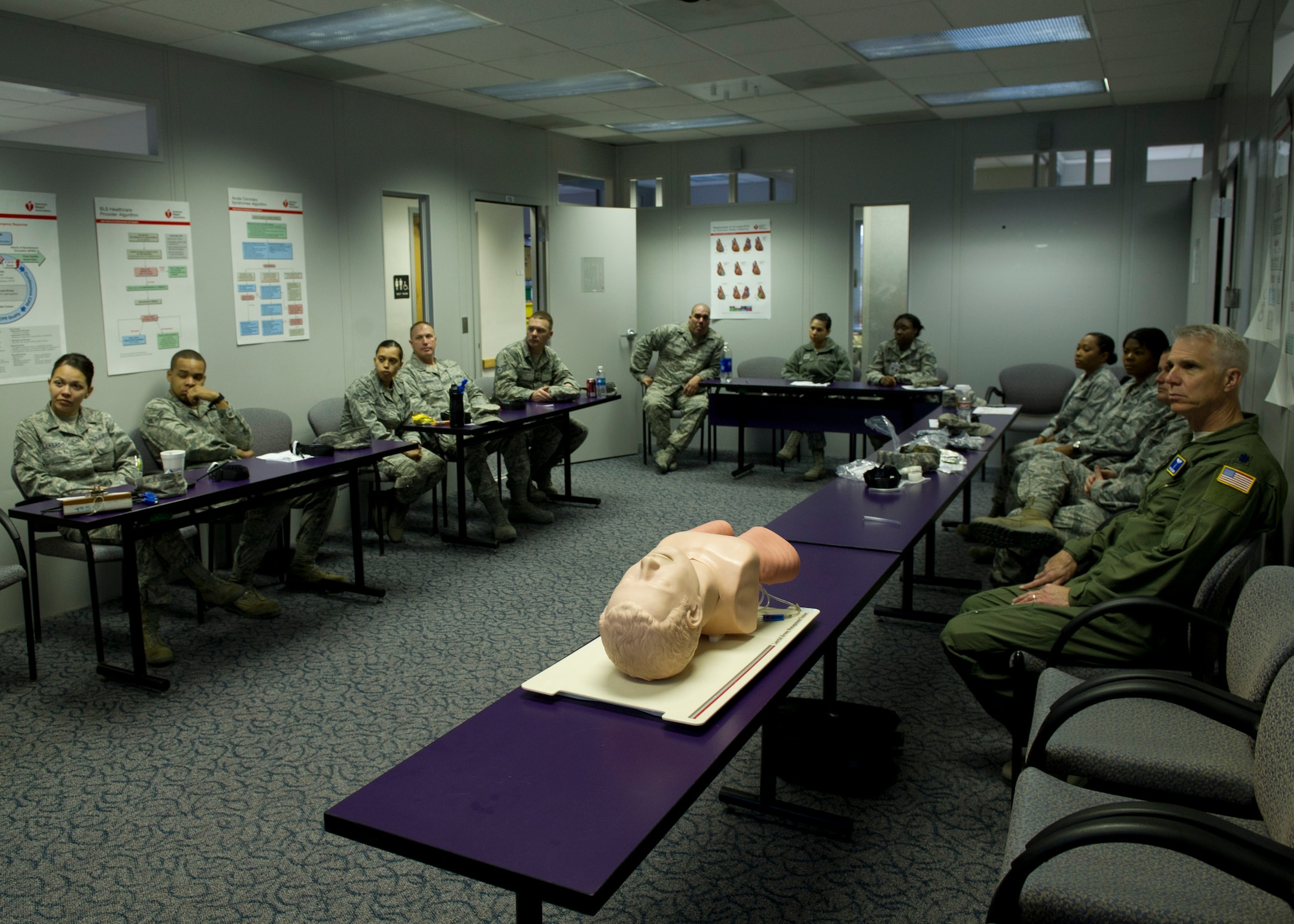 HOLLOMAN AIR FORCE BASE, N.M. – Students in a Self Aid and Buddy Care training class listen to a lecture March 7 at the 49th Medical Group Education and Training Flight building. All 49th Wing Airmen are required to take the SABC hands-on training class every two years and before any deployments. Because of the importance of SABC, the base has recently revamped its program, and in turn, an increased number of Holloman AFB Airmen have played major roles in accident response. (U.S. Air Force photo by Airman 1st Class Siuta B. Ika/Released)