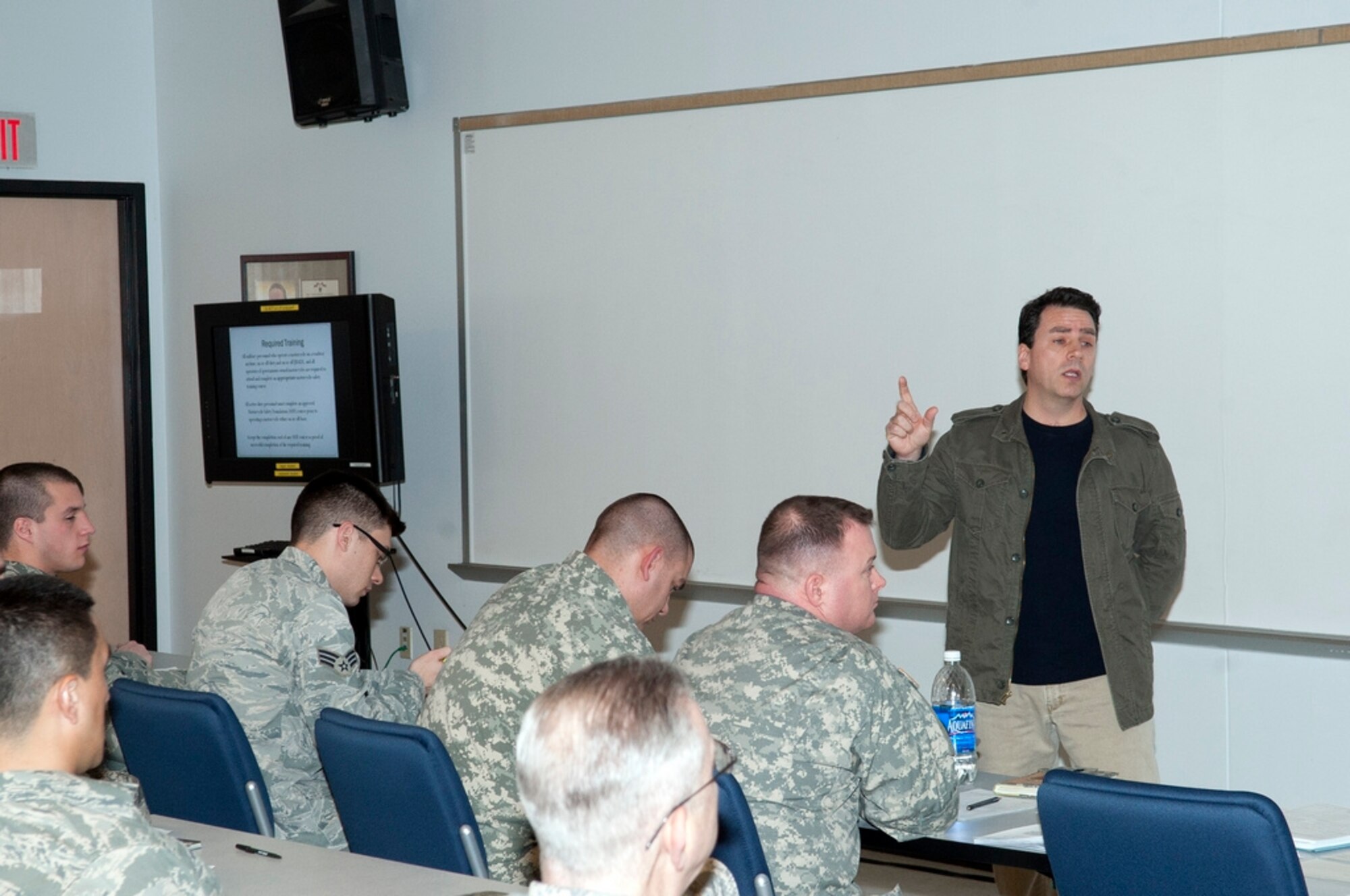 Ralph Russo, North East Region Cape Fox Professional Services lead motorcycle safety instructor, conducts a mandatory motorcycle safety course March 6 at the Timmermann Center. Russo also briefed attendees on the new Joint Base McGuire-Dix-Lakehurst policy outlining new personal protective equipment requirements. (U.S. Air Force photo by Wayne Russell/Released)