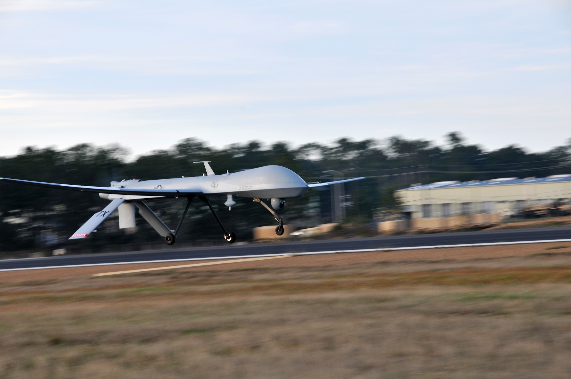An MQ-1B Predator lands at Fort Polk Army Air Field Feb. 6. (Air National Guard Photo by Master Sgt. Dale Hanson/Released)