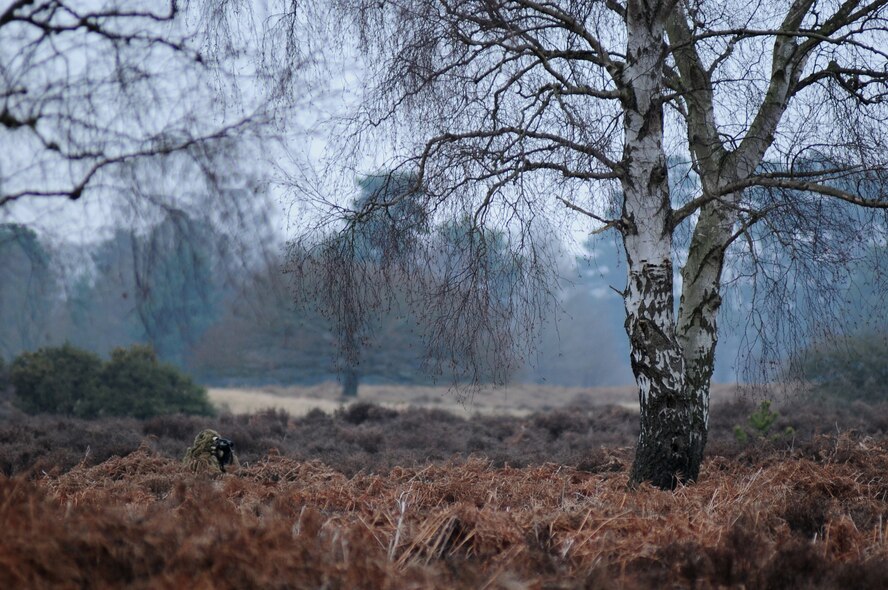 STANFORD TRAINING AREA, England – Senior Airman Steven Trimble, 820th Base Defense Squadron close precision engagement team member, scouts an area during Regiment-hosted sniper training Feb. 28. The lush environment and rainy weather conditions of England provided a new element to the training atmosphere as the team learned to utilize the foliage and fog to discreetly stake out the village and observe their targets. (U.S. Air Force photo by Airman 1st Class Cory D. Payne) (Released)