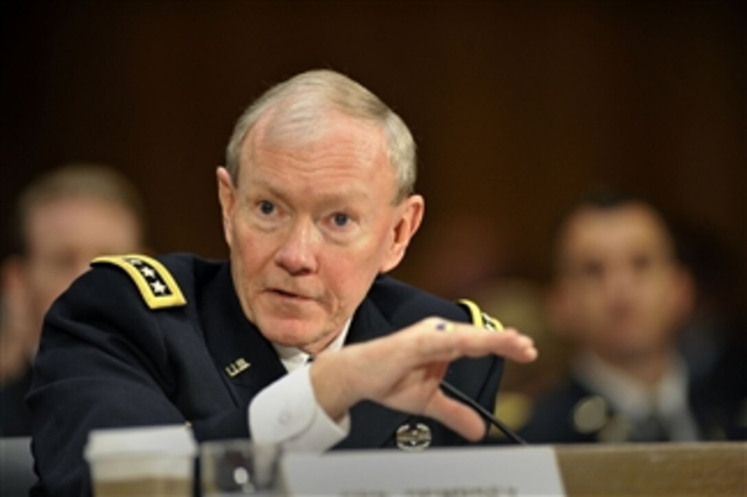 Chairman of the Joint Chiefs of Staff Gen. Martin E. Dempsey testifies in a hearing before the Senate Armed Services Committee on the situation in Syria on March 7, 2012.  